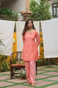 Peach Chanderi Short Kurta Nyra Style 2 Piece Set