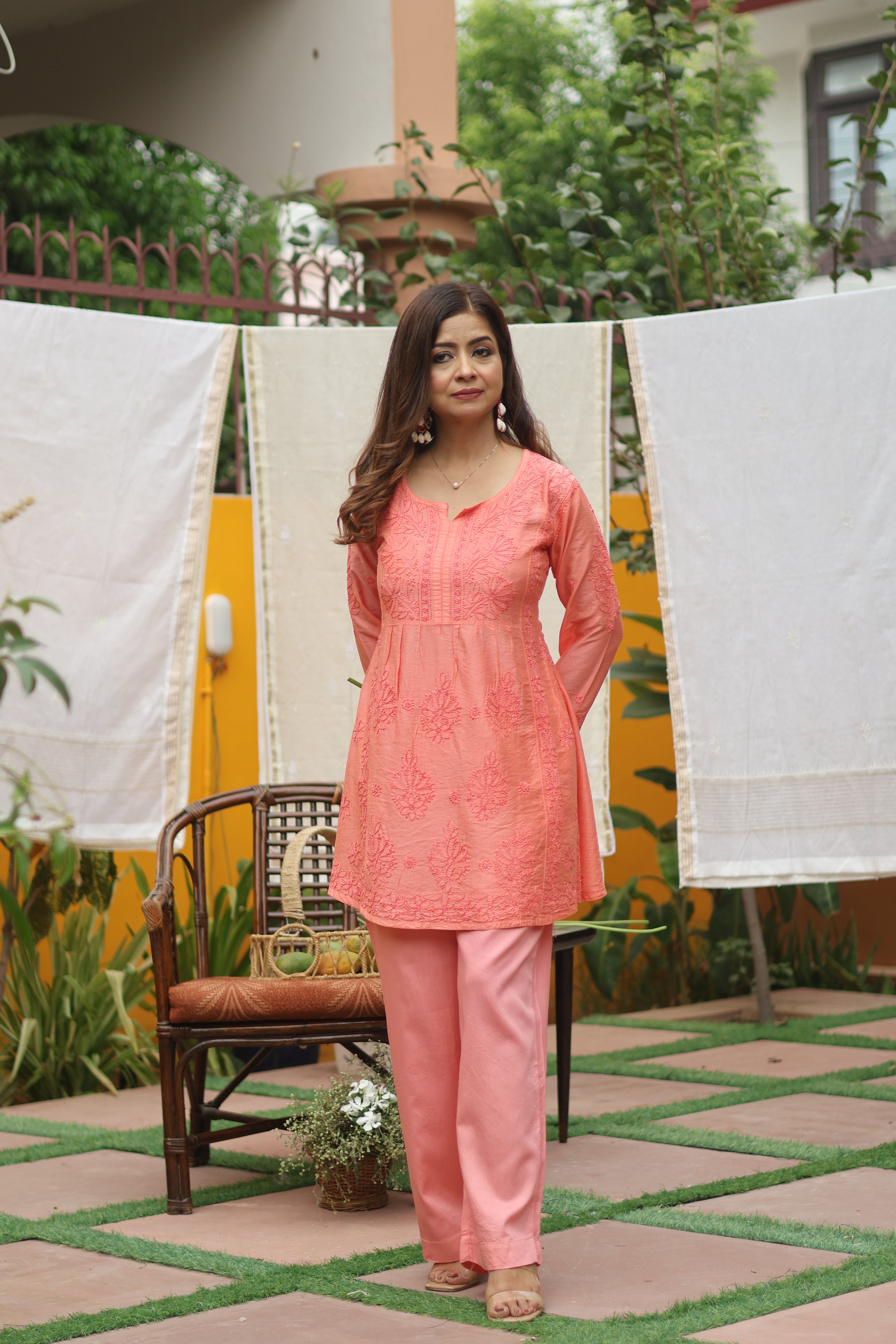 Peach Chanderi Short Kurta Nyra Style 2 Piece Set