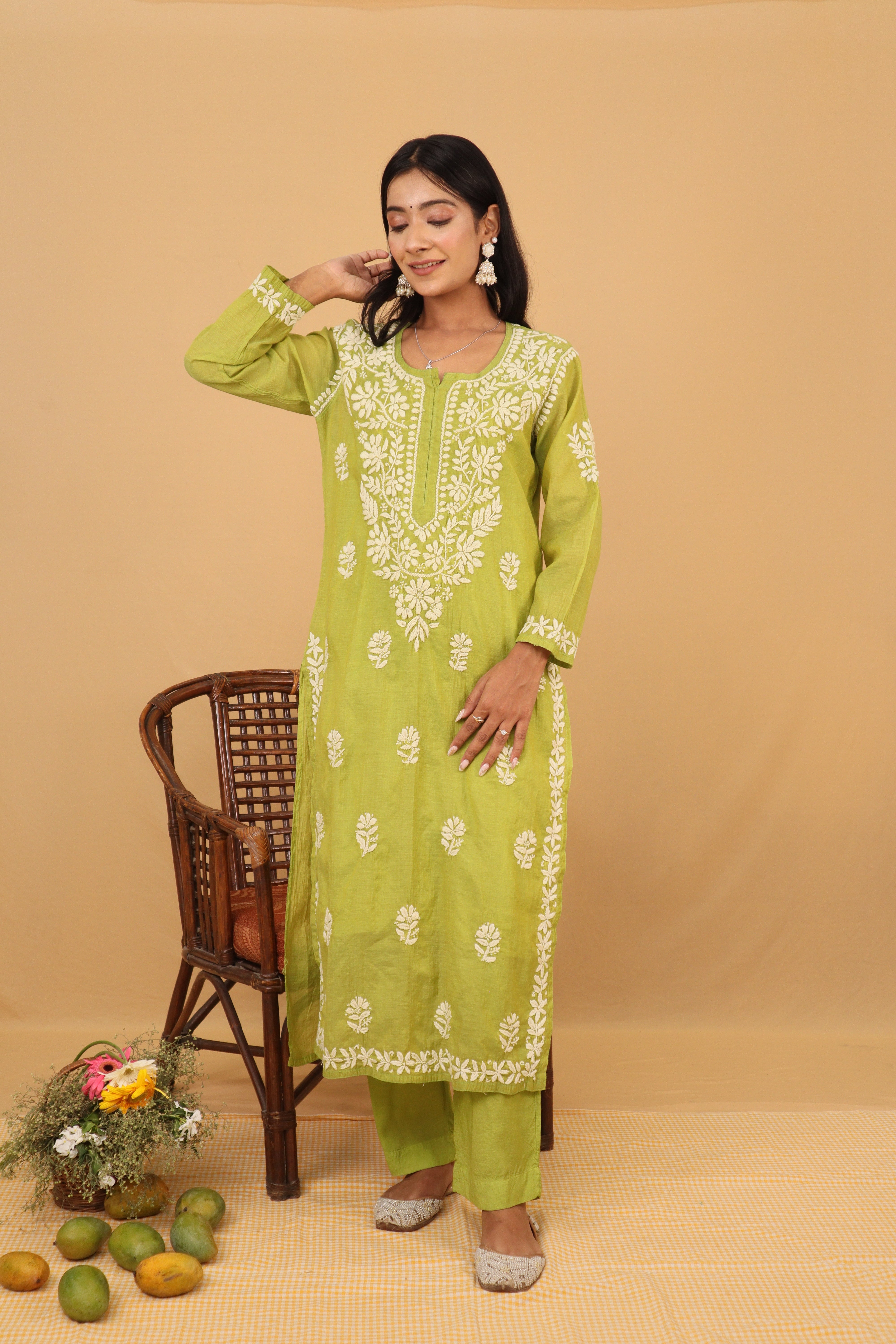 Green Mul Chanderi Long Kurti