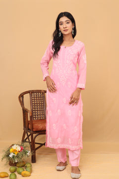 Pink Mul Chanderi Long Kurti 3 Piece Set