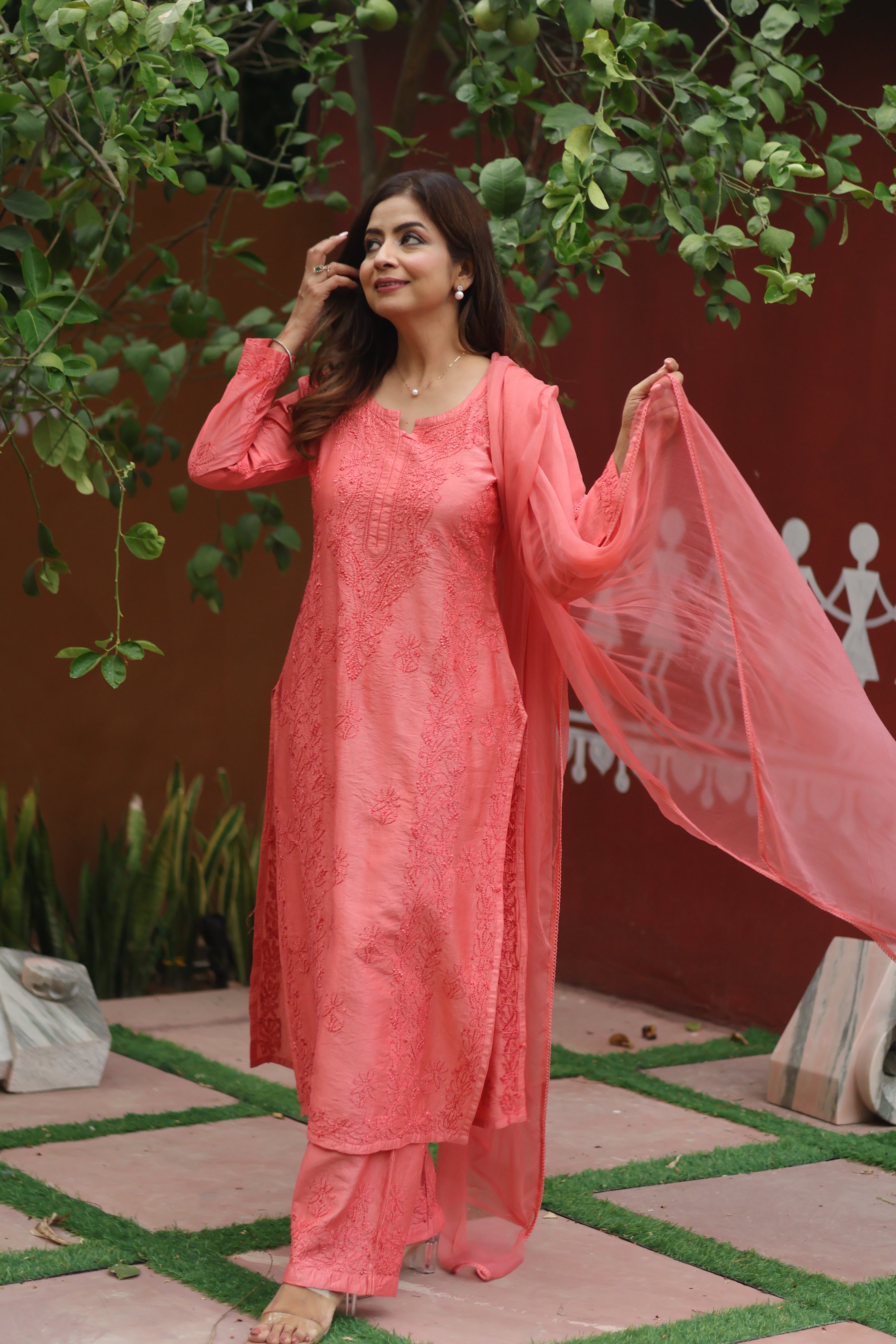 Peach Chanderi Bakhiya 3 Piece Set