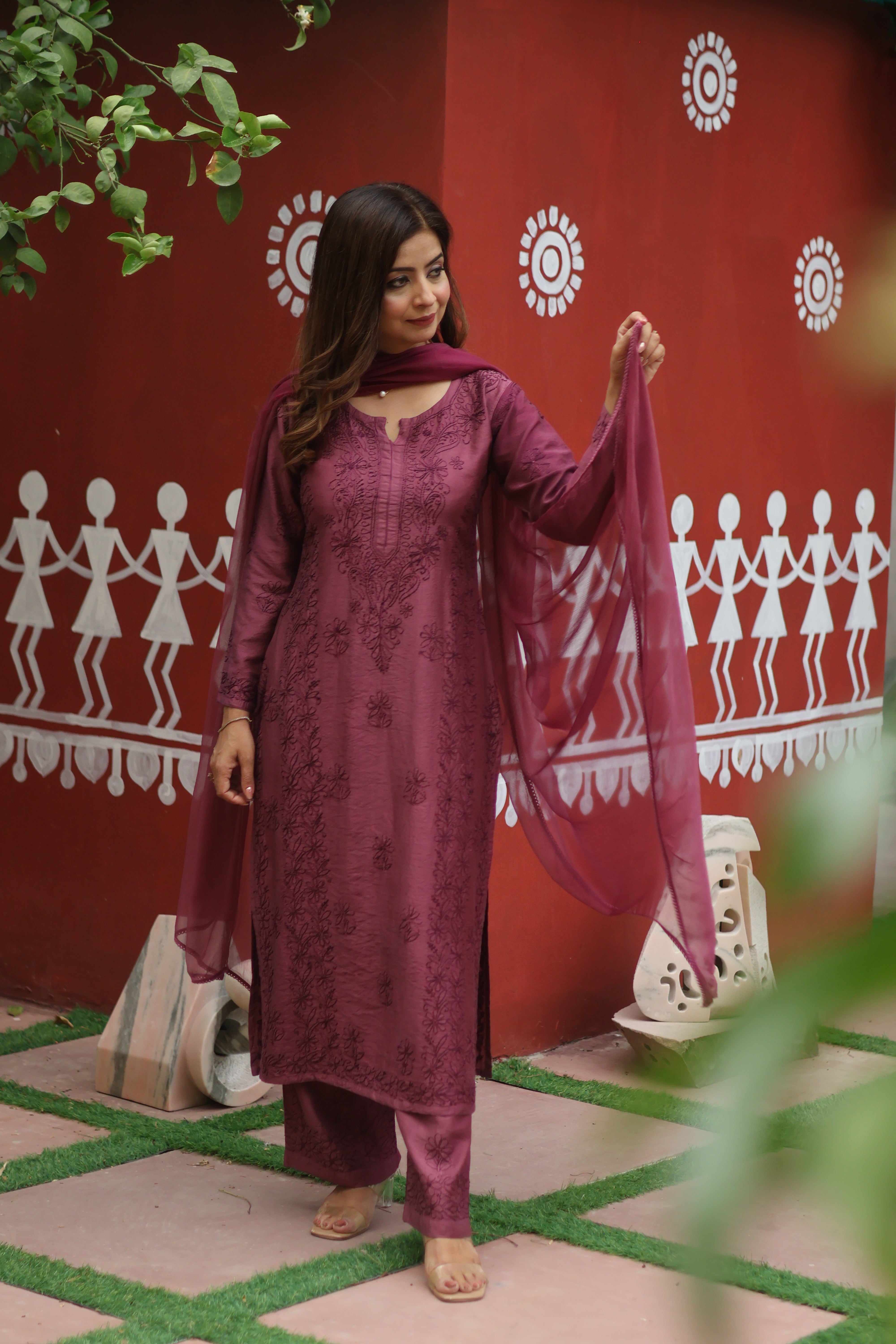 Onion Chanderi Bakhiya 3 Piece Set