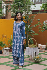 Blue Chanderi White Thread Ghaaspatti 2 Piece Set