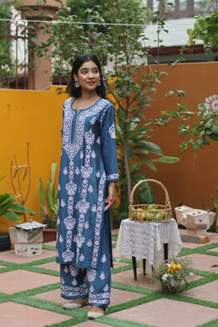 Blue Chanderi White Thread Ghaaspatti 2 Piece Set