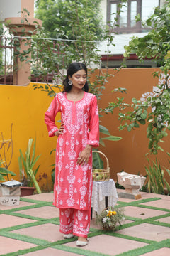Peach Chanderi White Thread Ghaaspatti 2 Piece Set