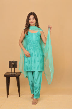 Green Chanderi Spaghetti Ghaaspatti 2 Piece Set