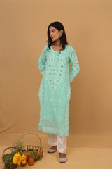 Green Cotton Kurti with Buttons