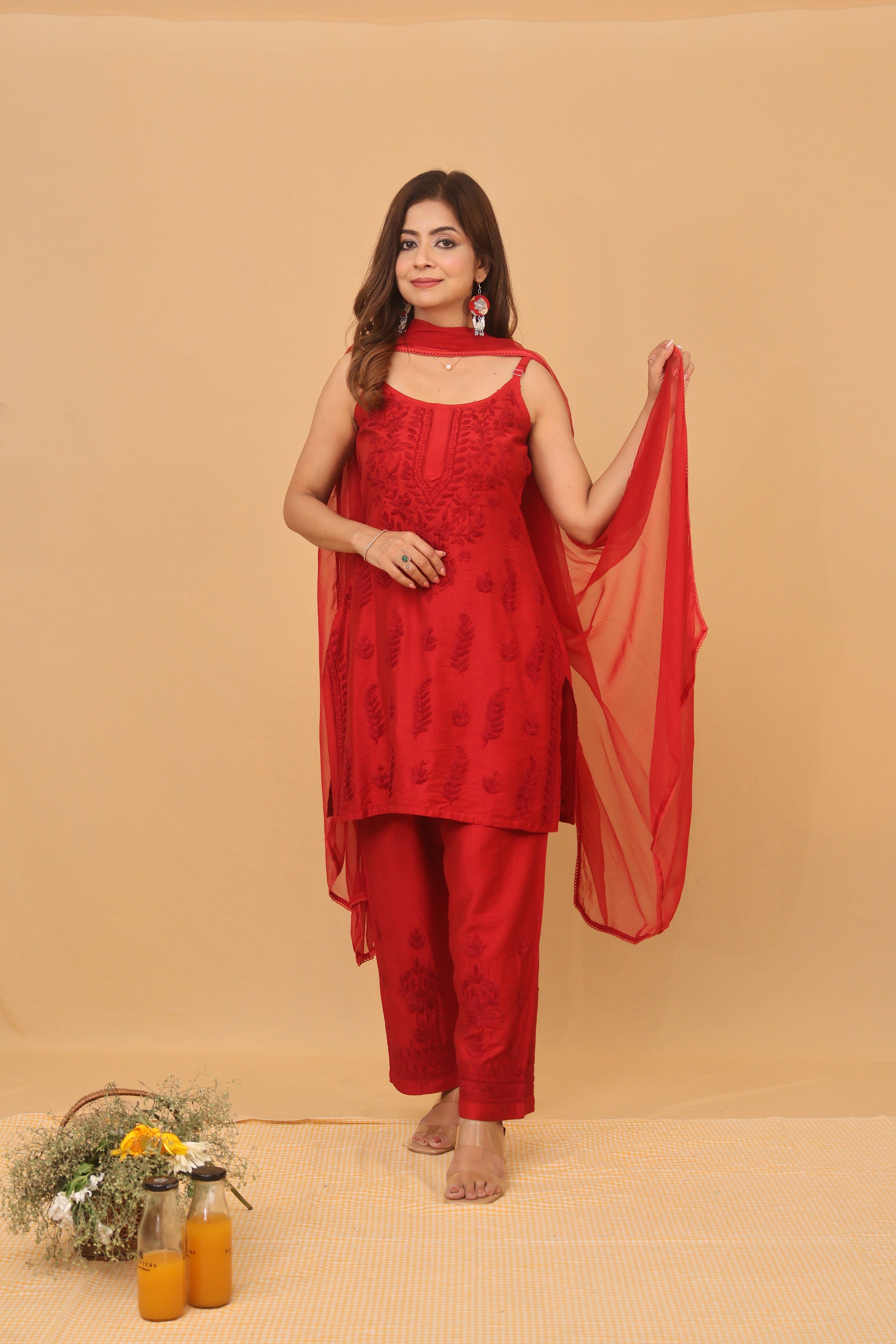 Red Chanderi Spaghetti Ghaaspatti 2 Piece Set