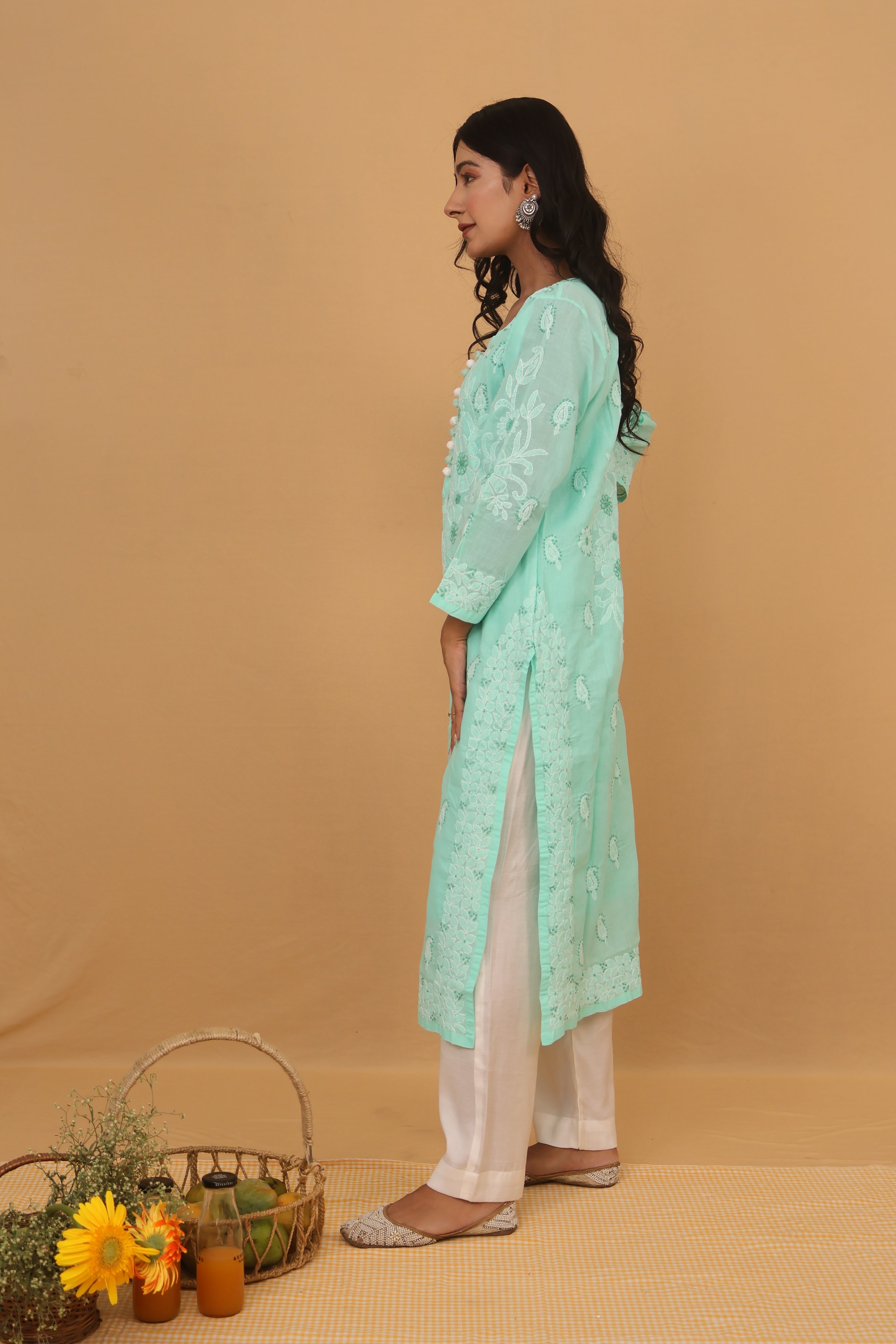 Green Cotton Kurti with Buttons 2 Piece Set