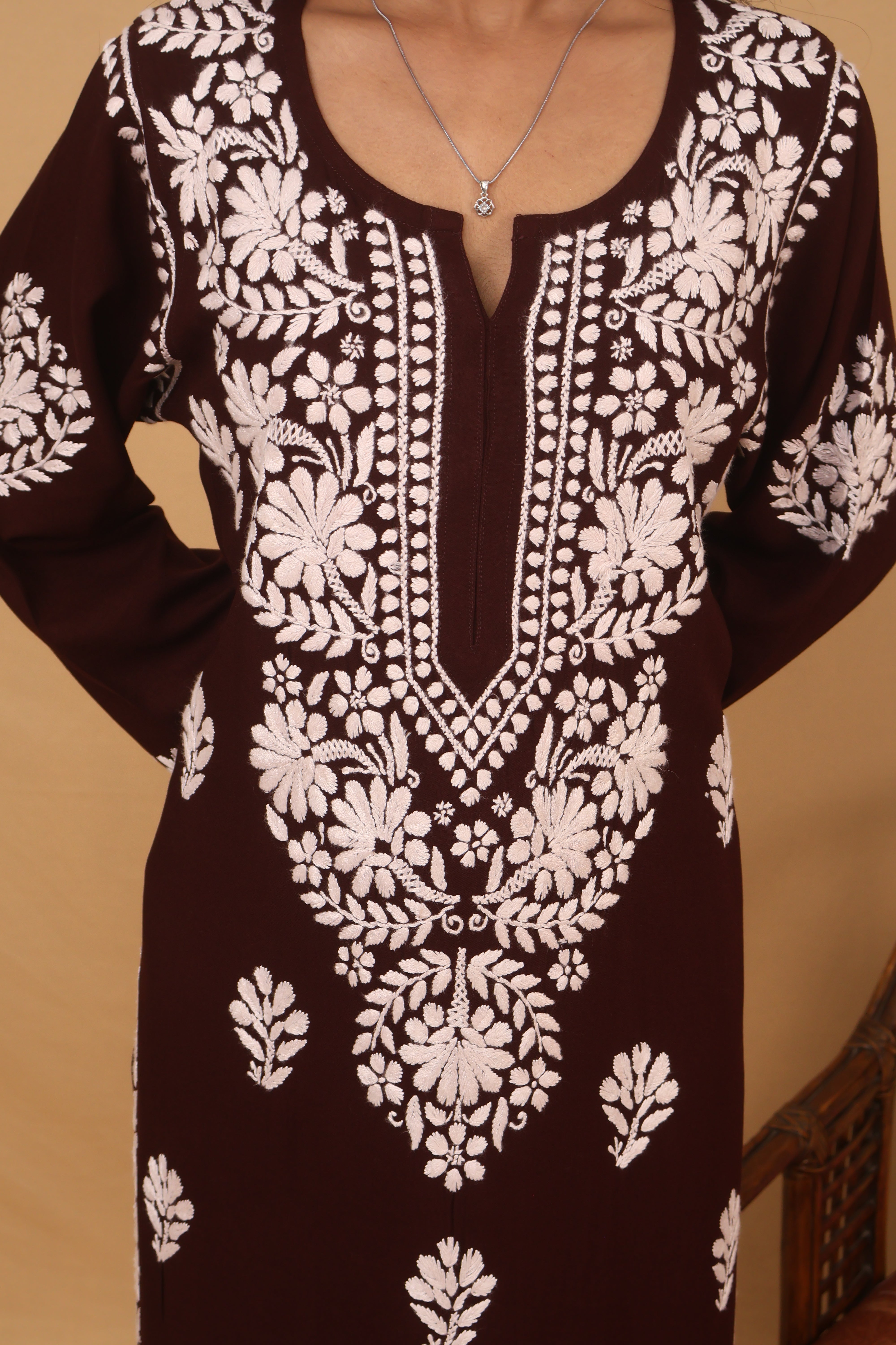 Brown Rayon White Long Kurti 2 Piece Set