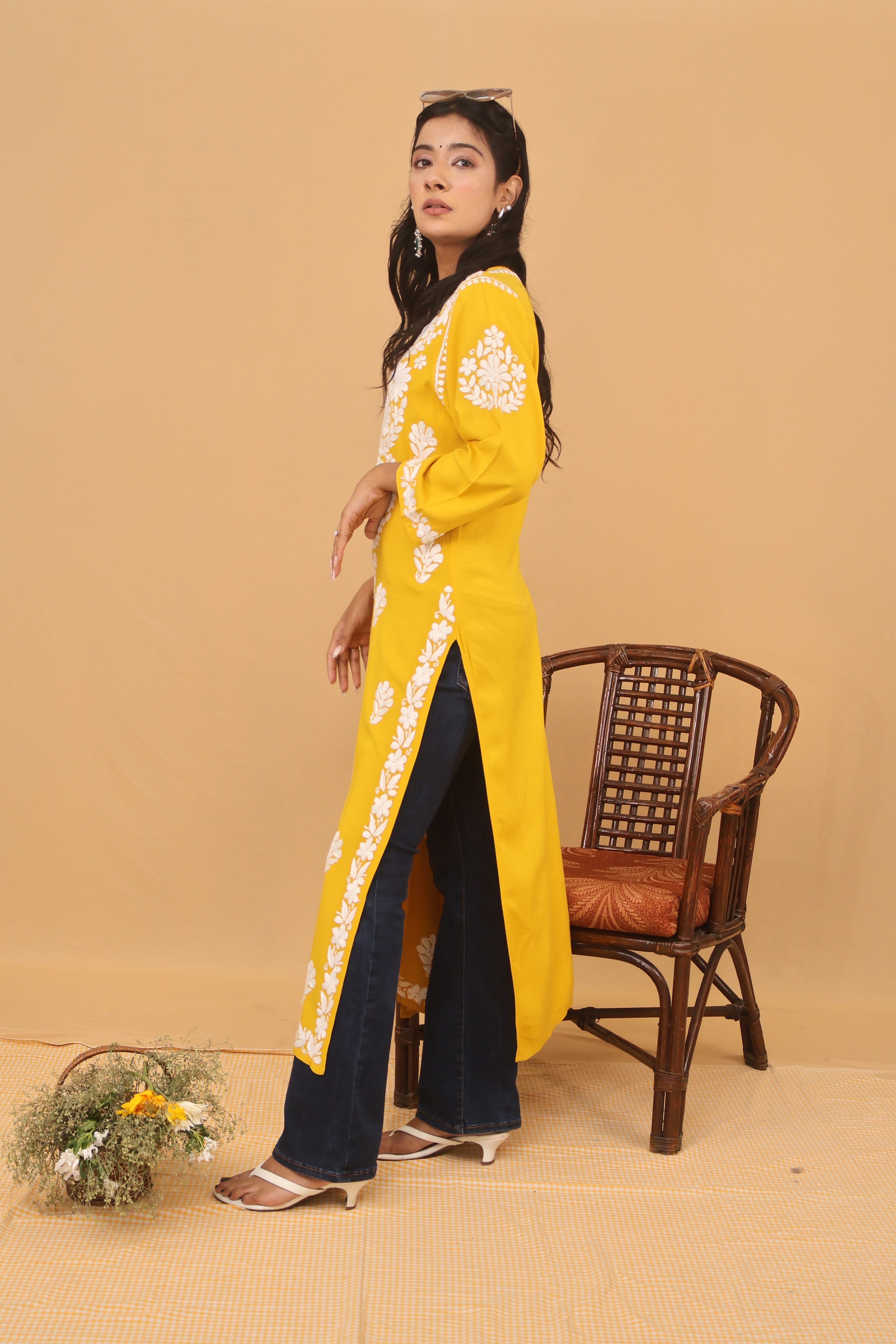 Mustard Rayon White Long Kurti 2 Piece Set