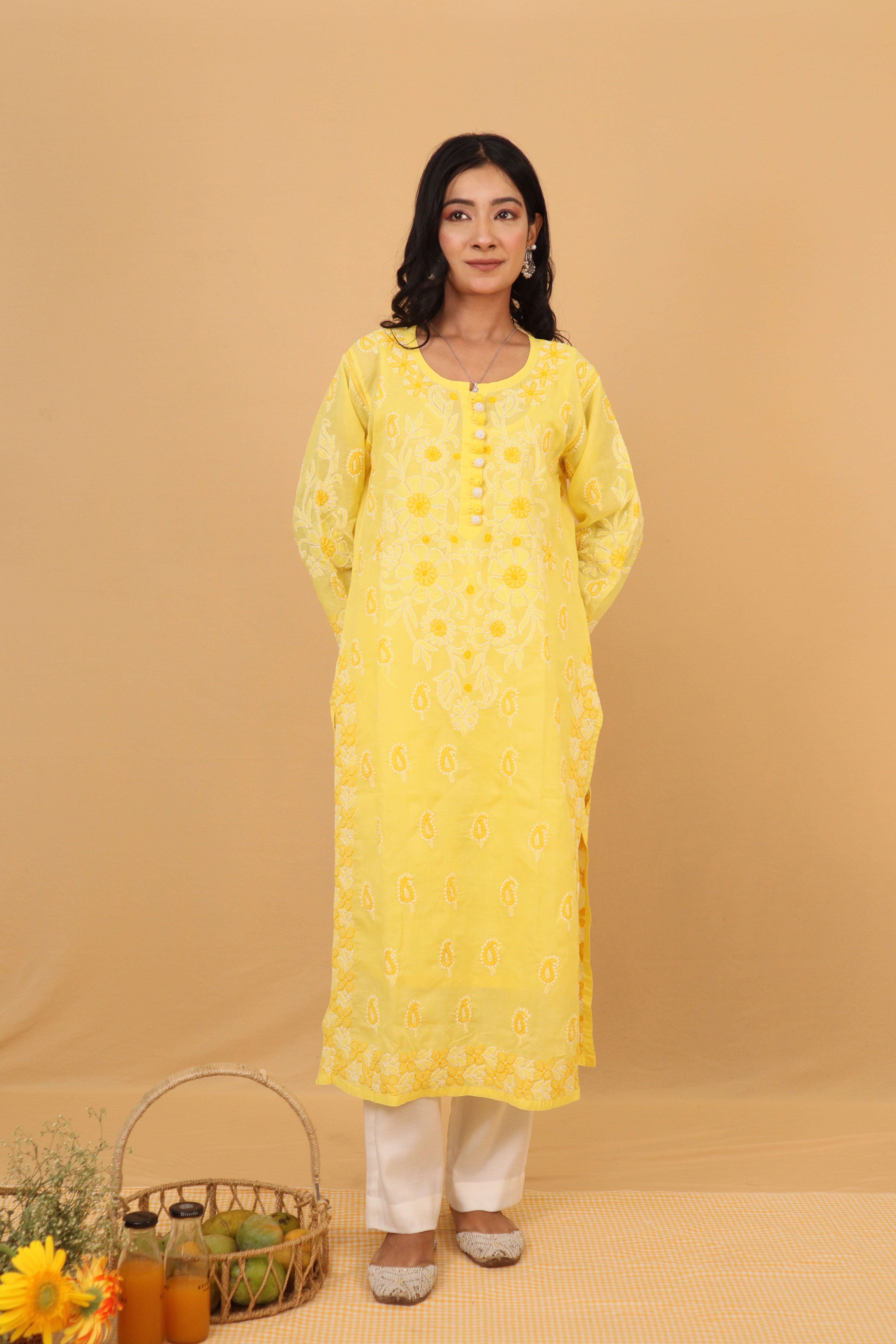 Yellow Cotton Kurti with Buttons