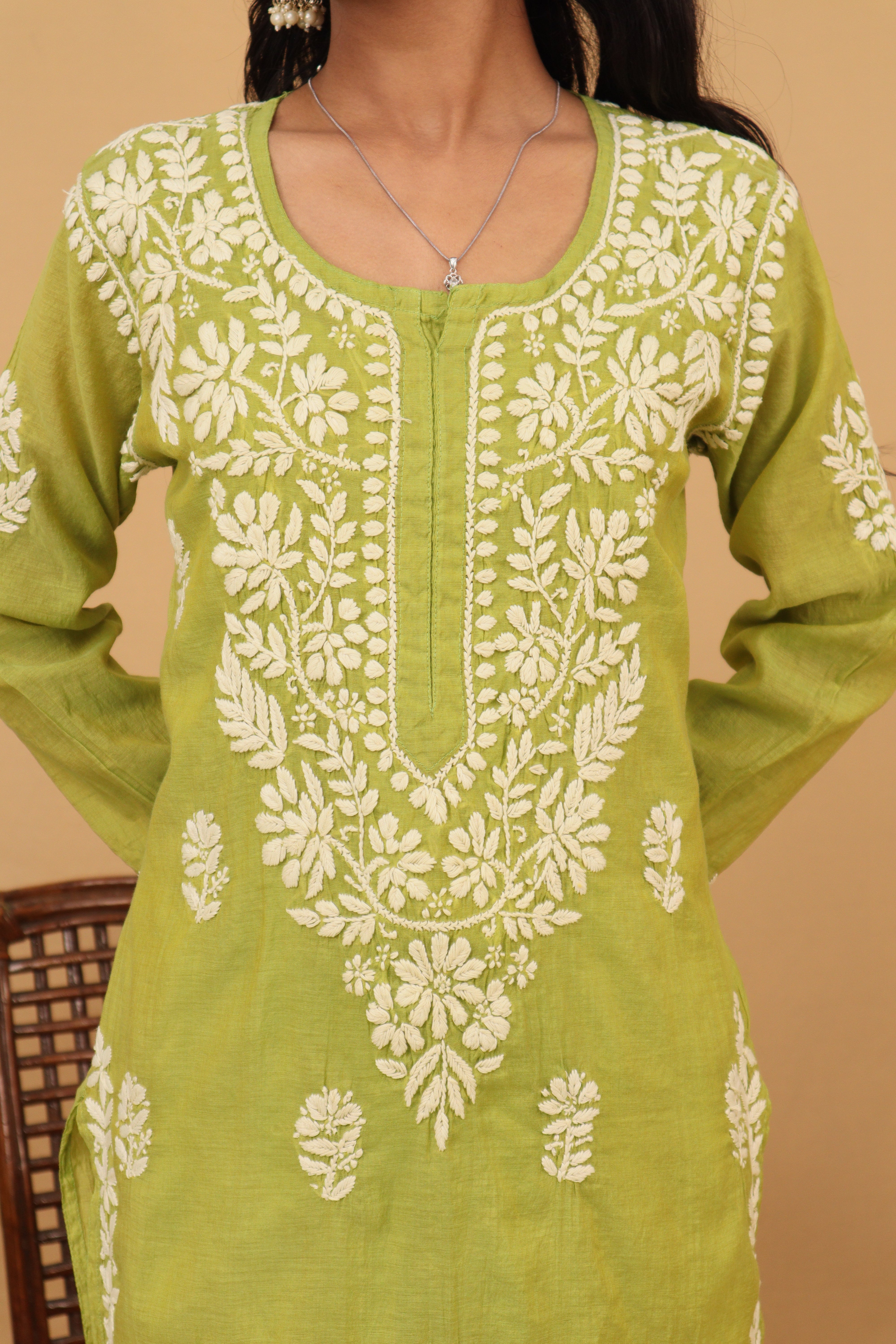 Green Mul Chanderi Long Kurti