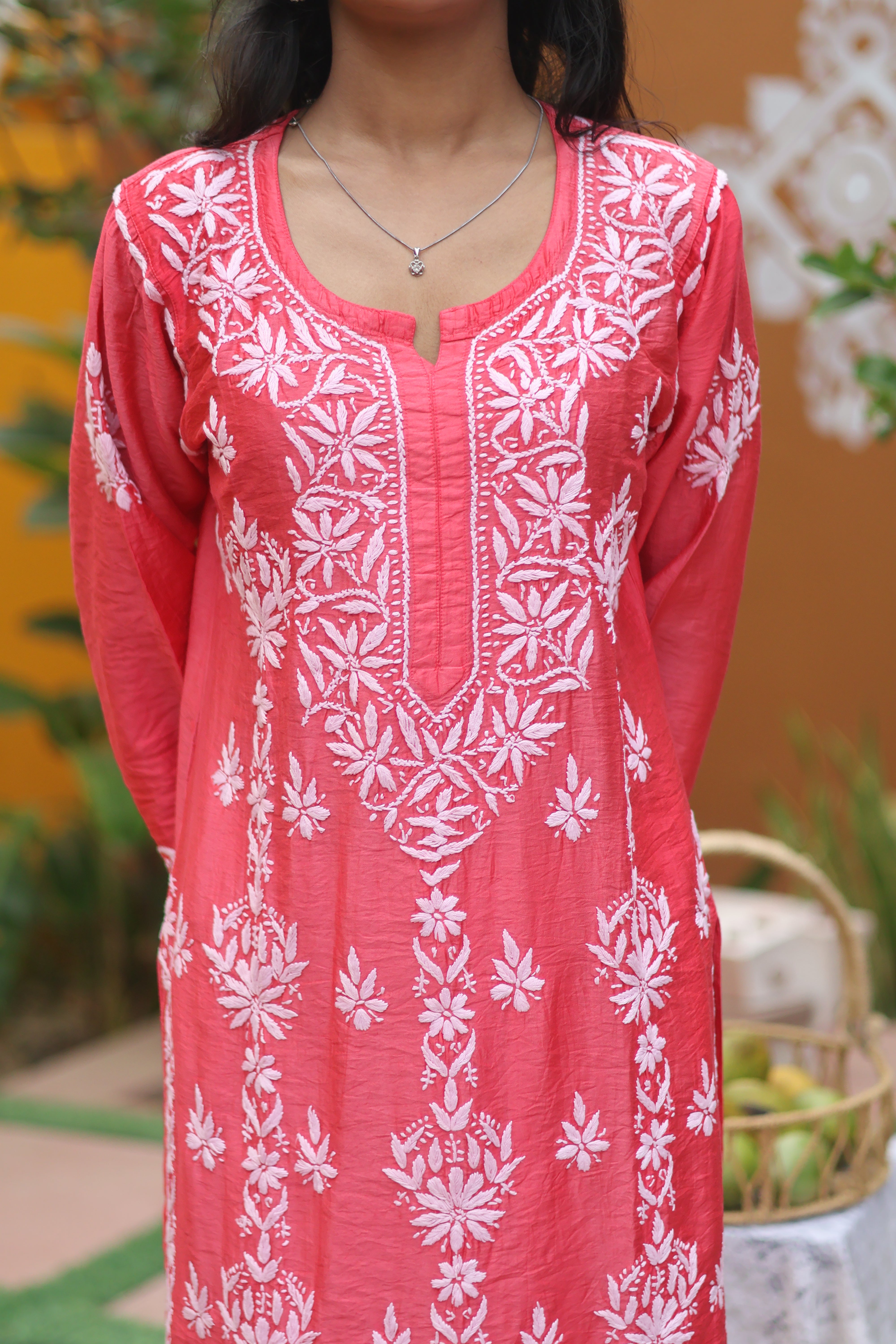 Peach Chanderi White Thread Ghaaspatti 2 Piece Set