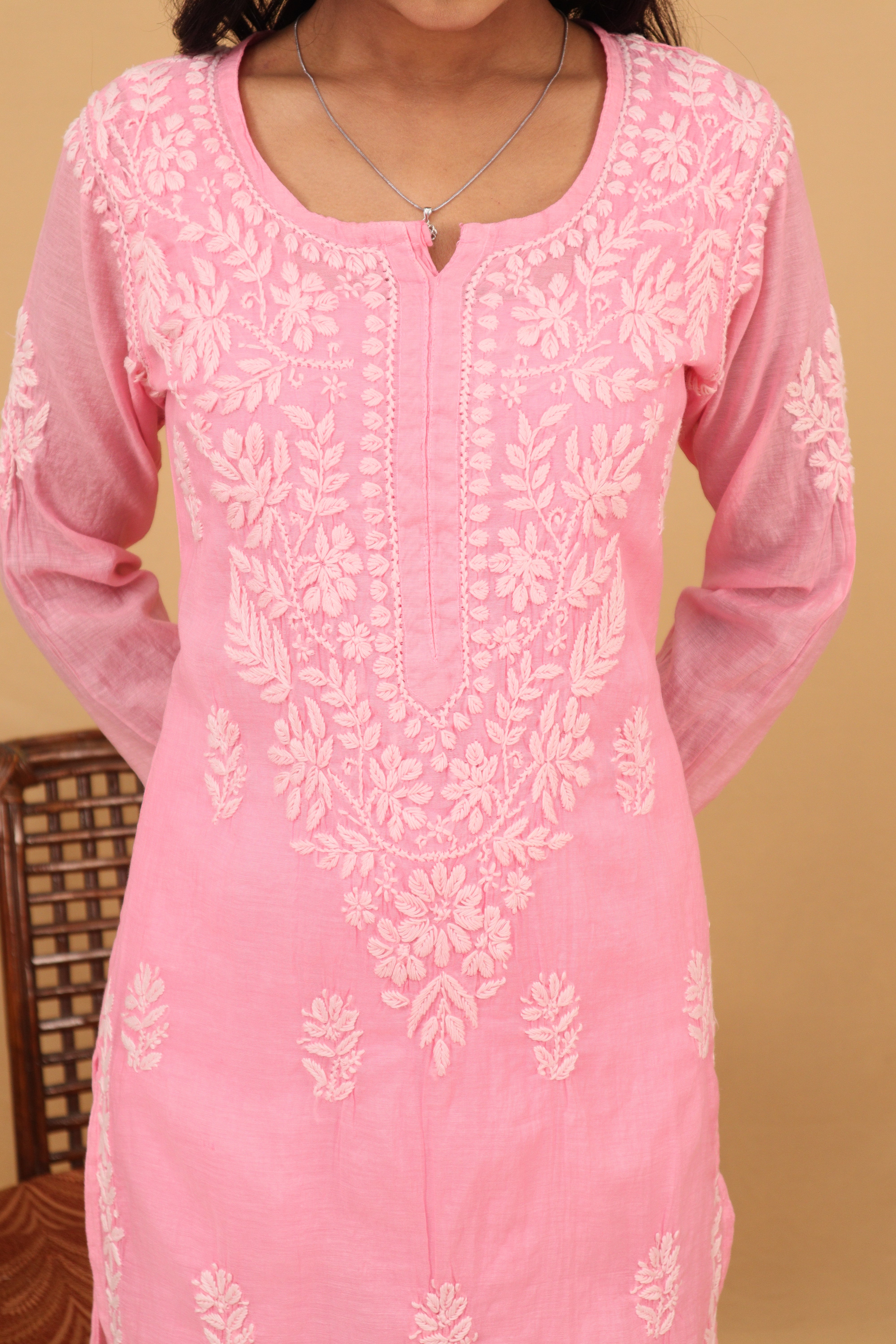 Pink Mul Chanderi Long Kurti 2 Piece Set