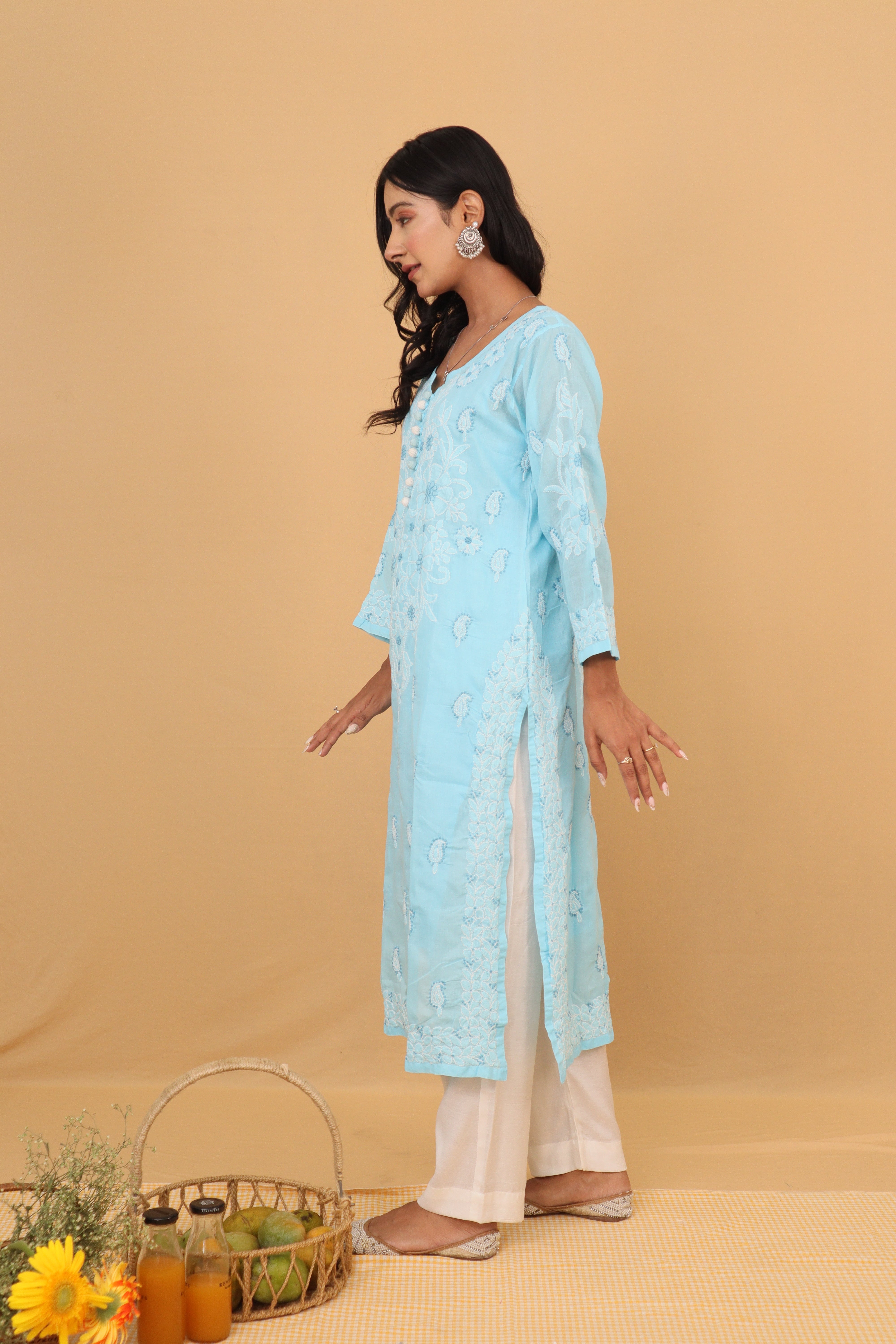 Blue Cotton Kurti with Buttons 3 Piece Set