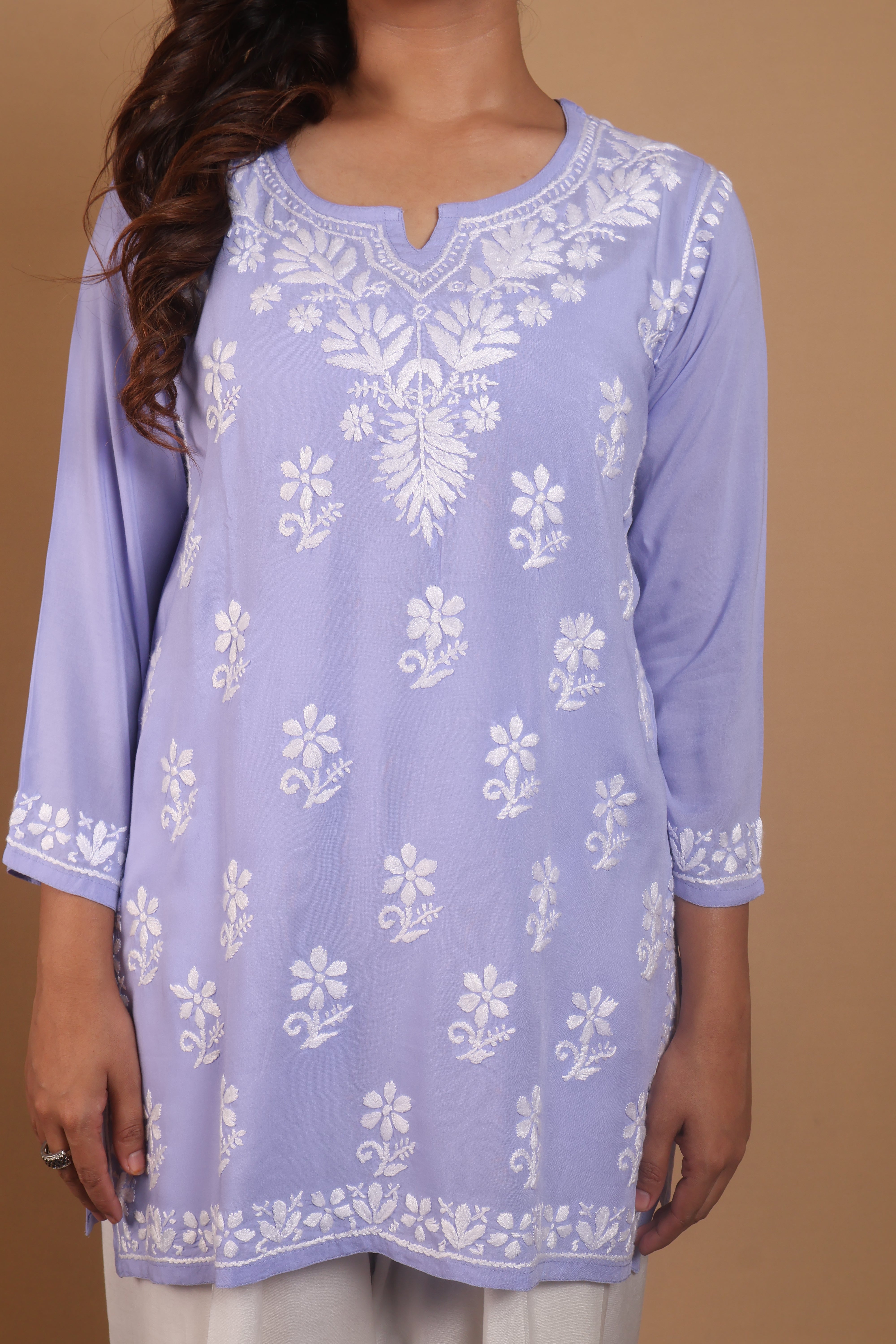 Blue Rayon Short Kurta Gala Boota 2 Piece Set