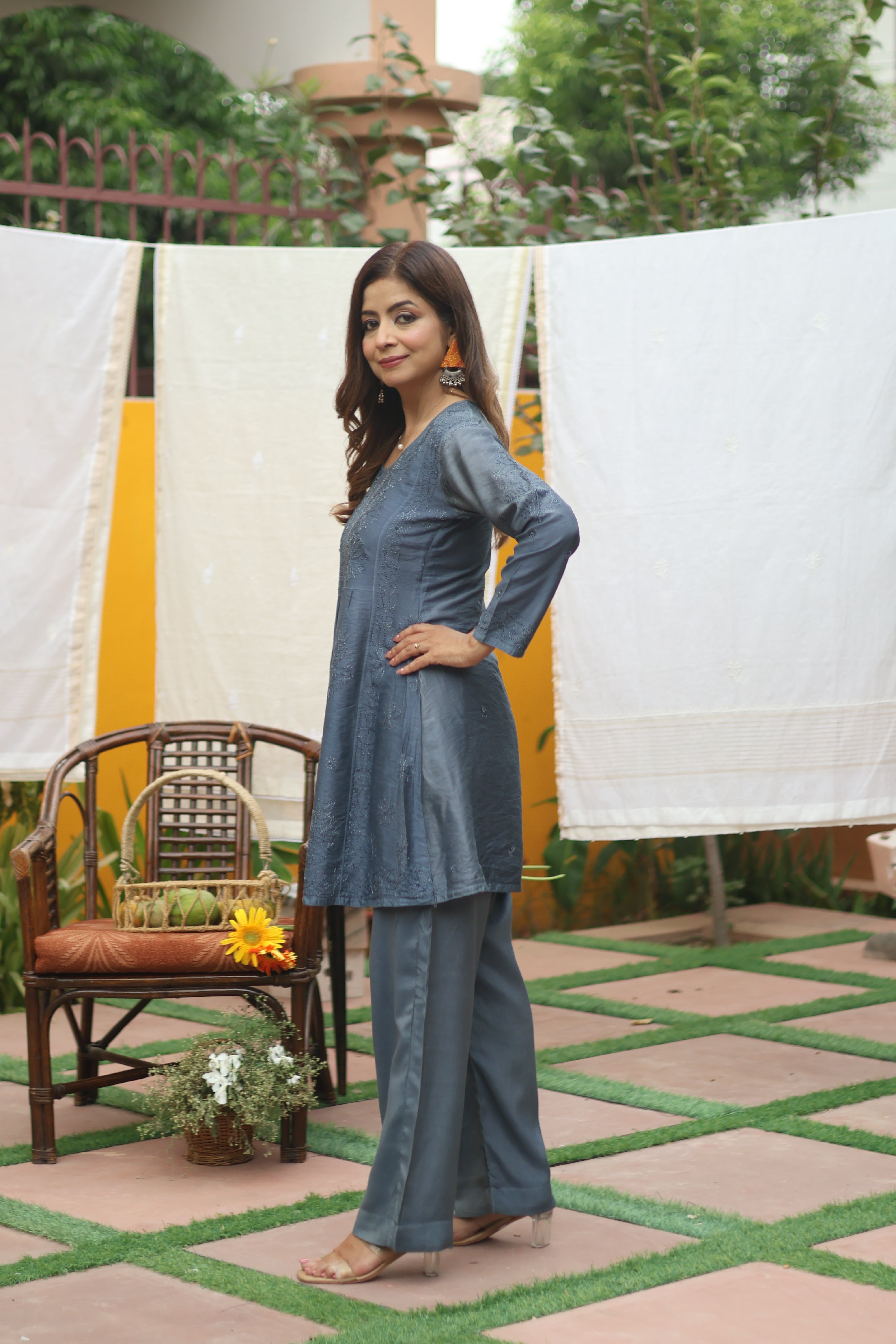 Grey Chanderi Short Kurta Nyra Style 2 Piece Set