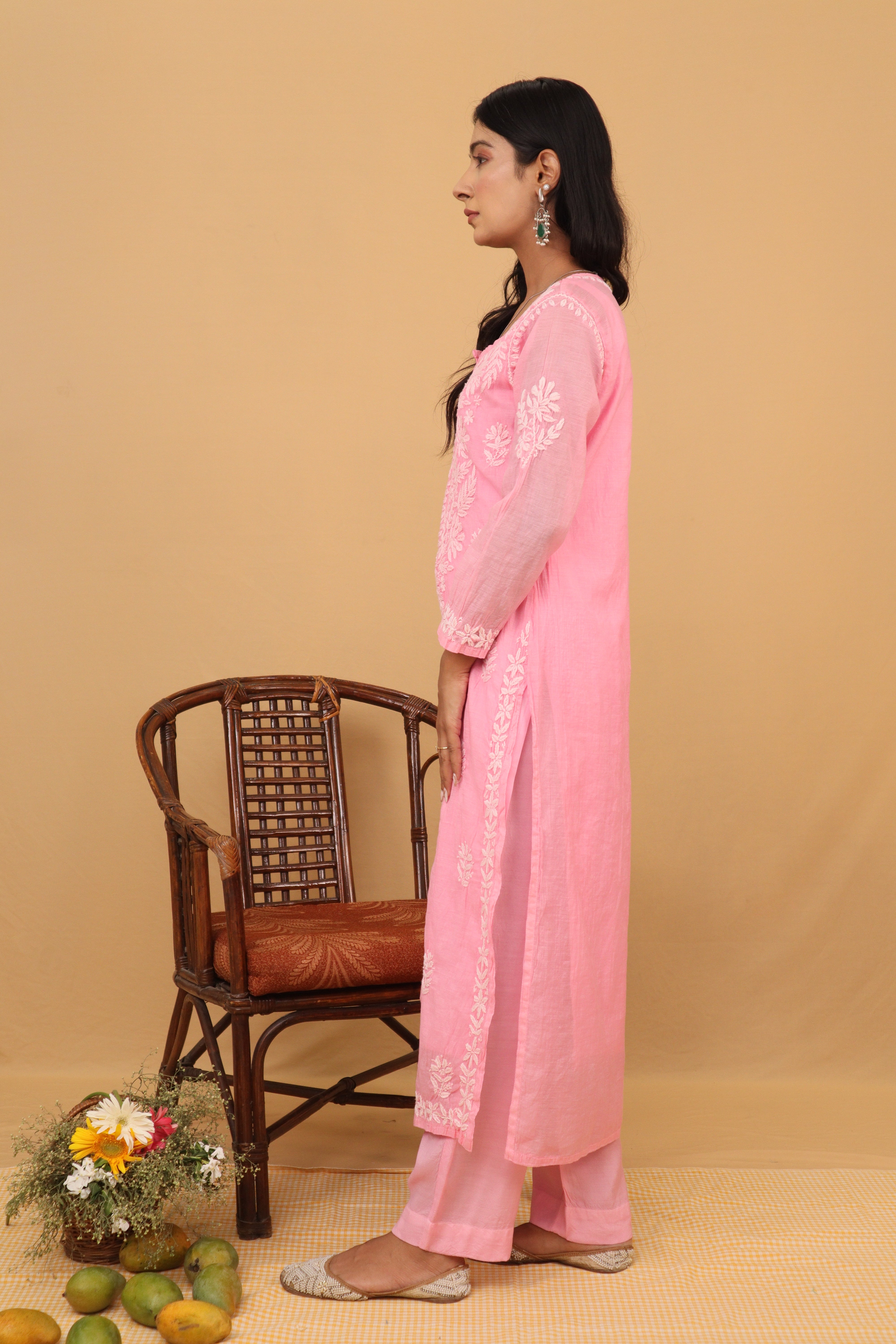 Pink Mul Chanderi Long Kurti 2 Piece Set