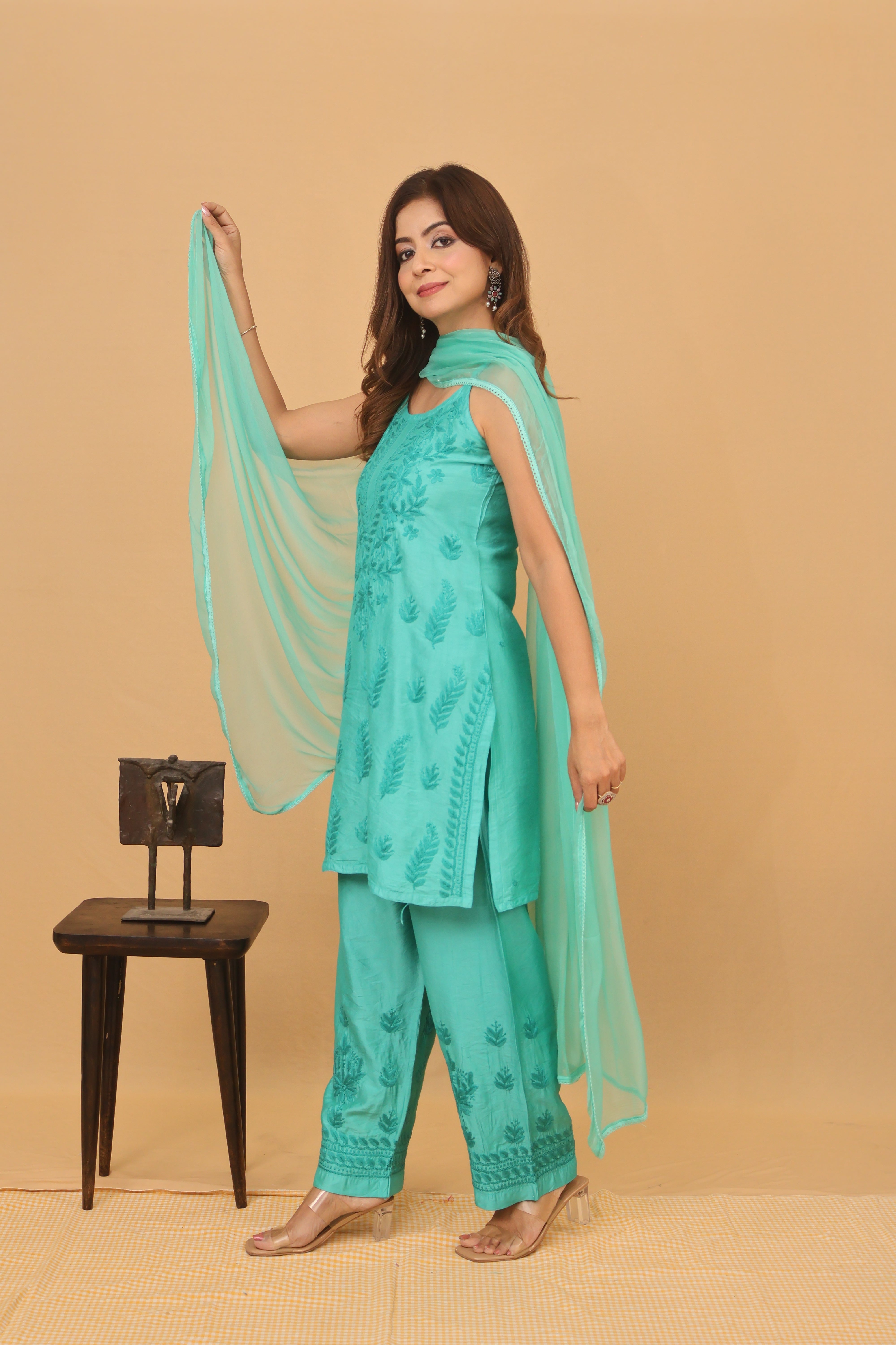 Green Chanderi Spaghetti Ghaaspatti 2 Piece Set