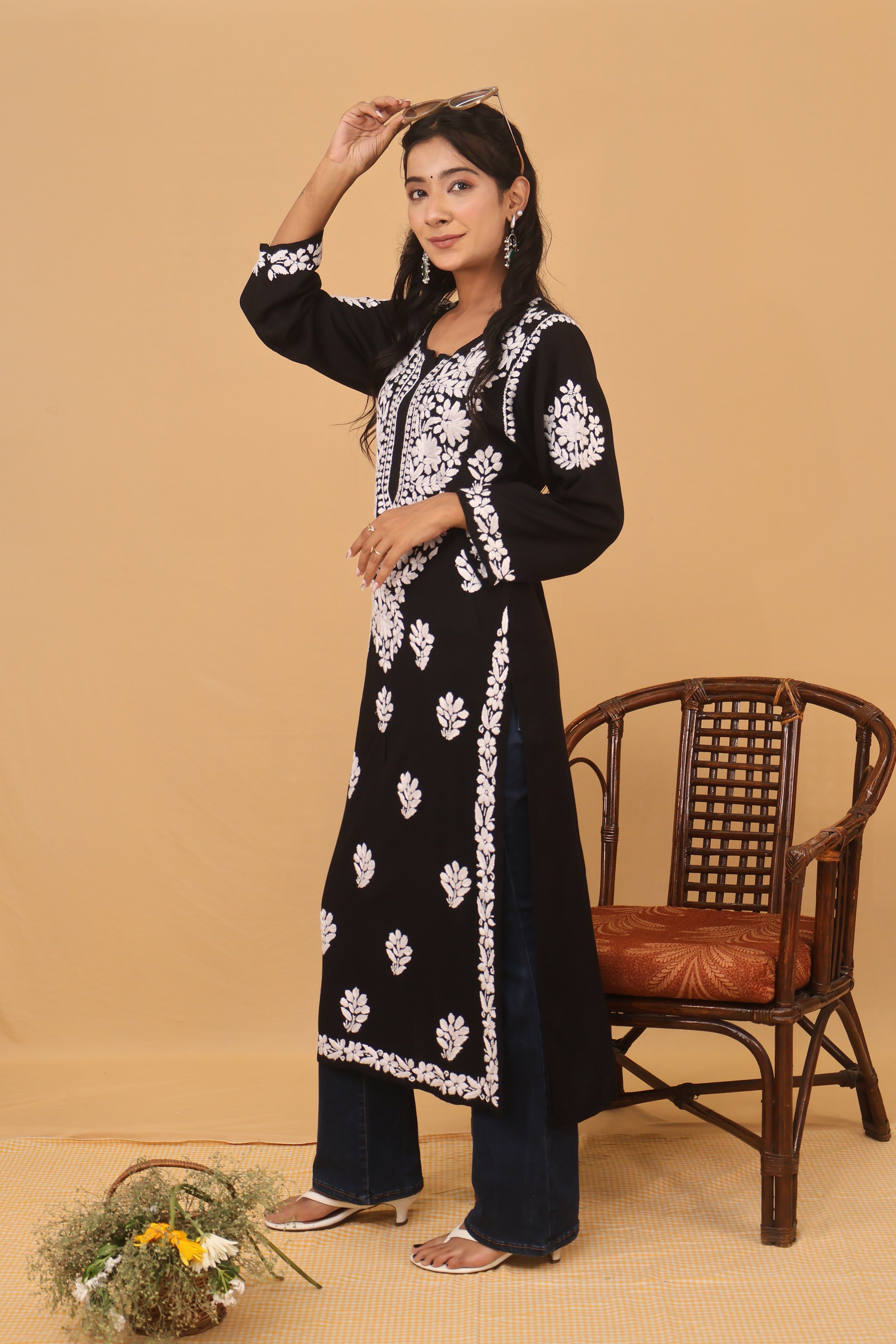 Black Rayon White Long Kurti 2 Piece Set