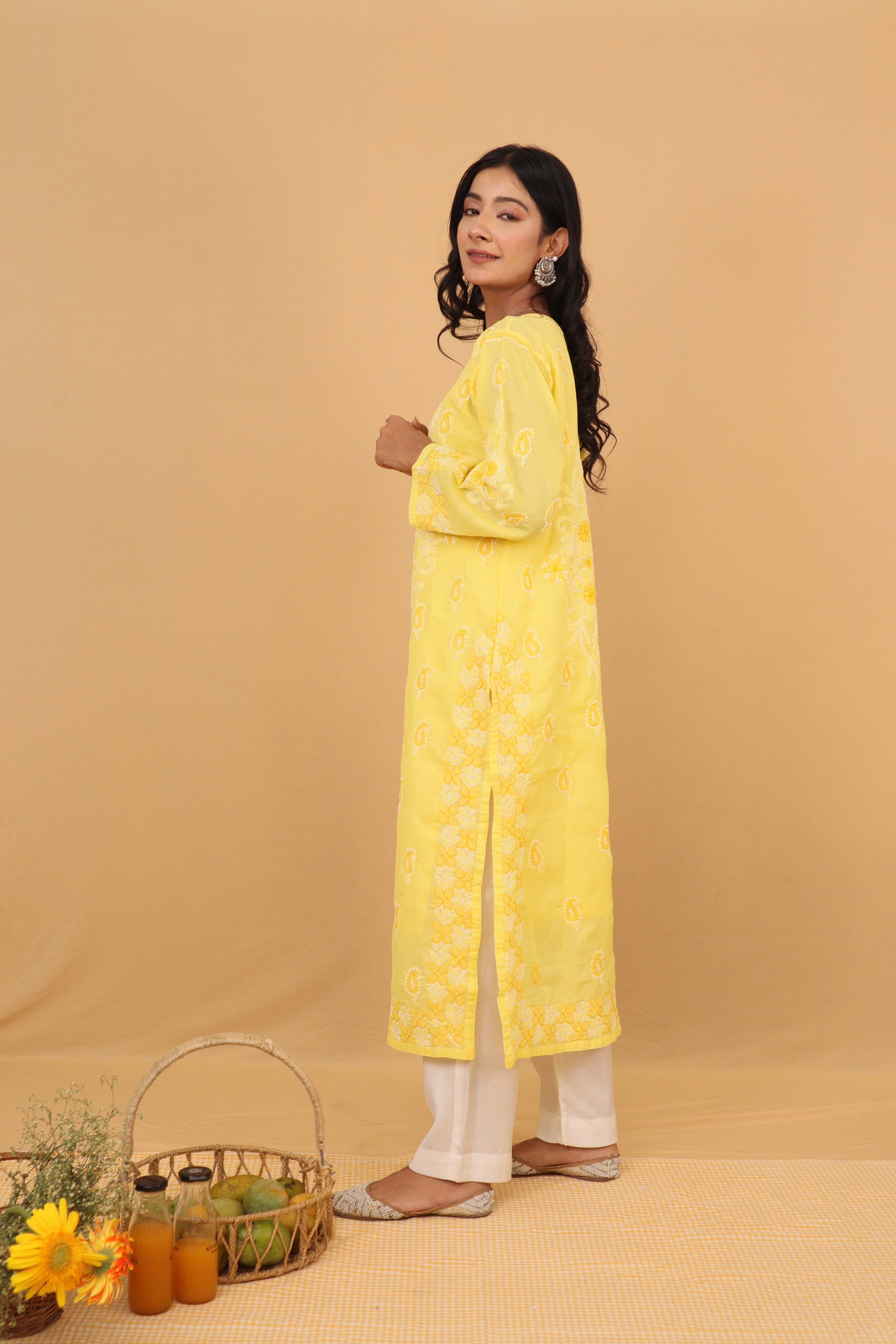 Yellow Cotton Kurti with Buttons 2 Piece Set