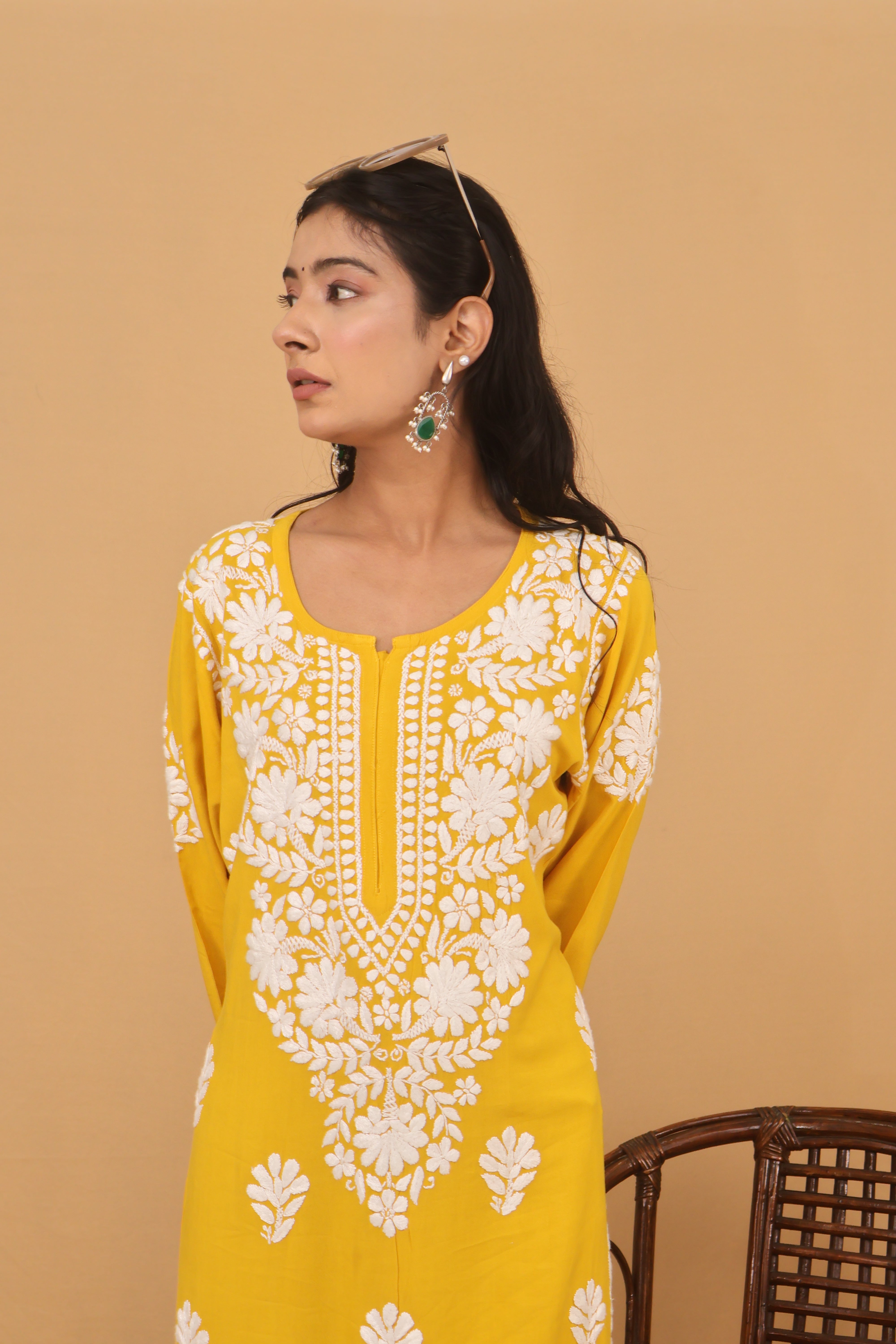 Mustard Rayon White Long Kurti 2 Piece Set