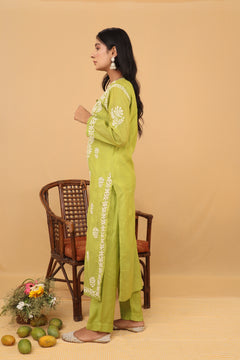 Green Mul Chanderi Long Kurti 2 Piece Set