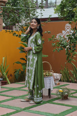Green Chanderi White Thread Ghaaspatti 2 Piece Set