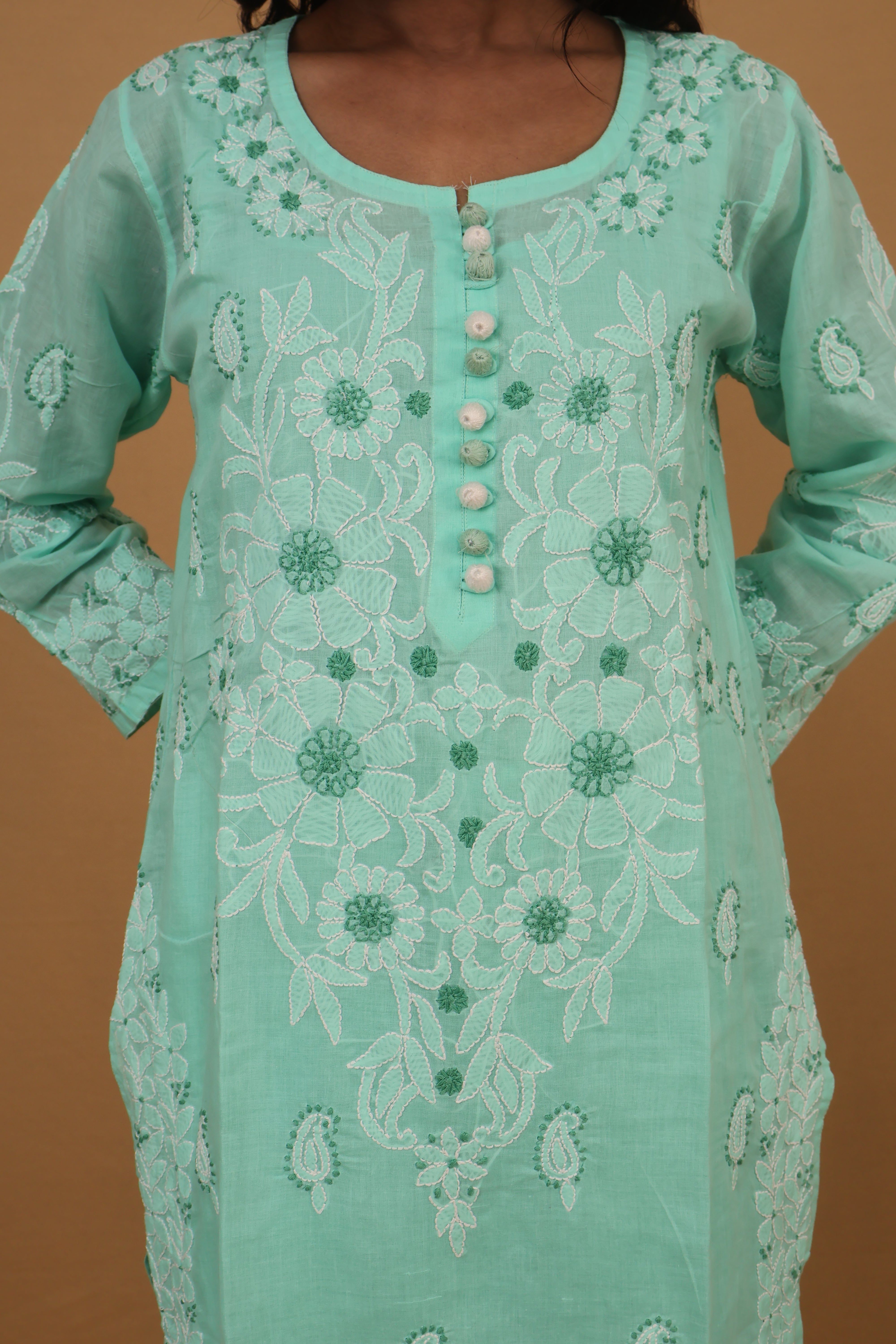 Green Cotton Kurti with Buttons 3 Piece Set