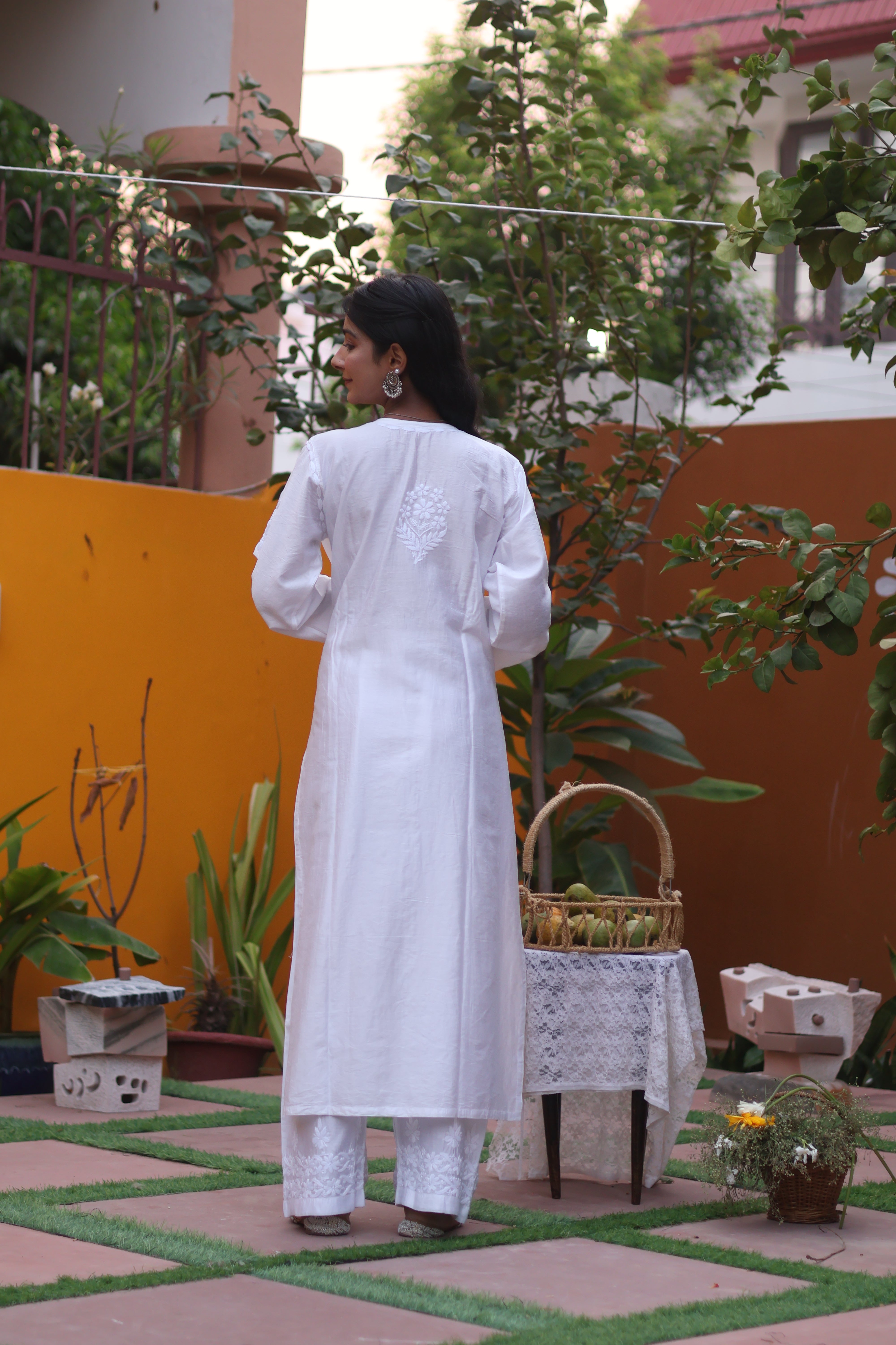 White Chanderi White Thread Ghaaspatti 2 Piece Set