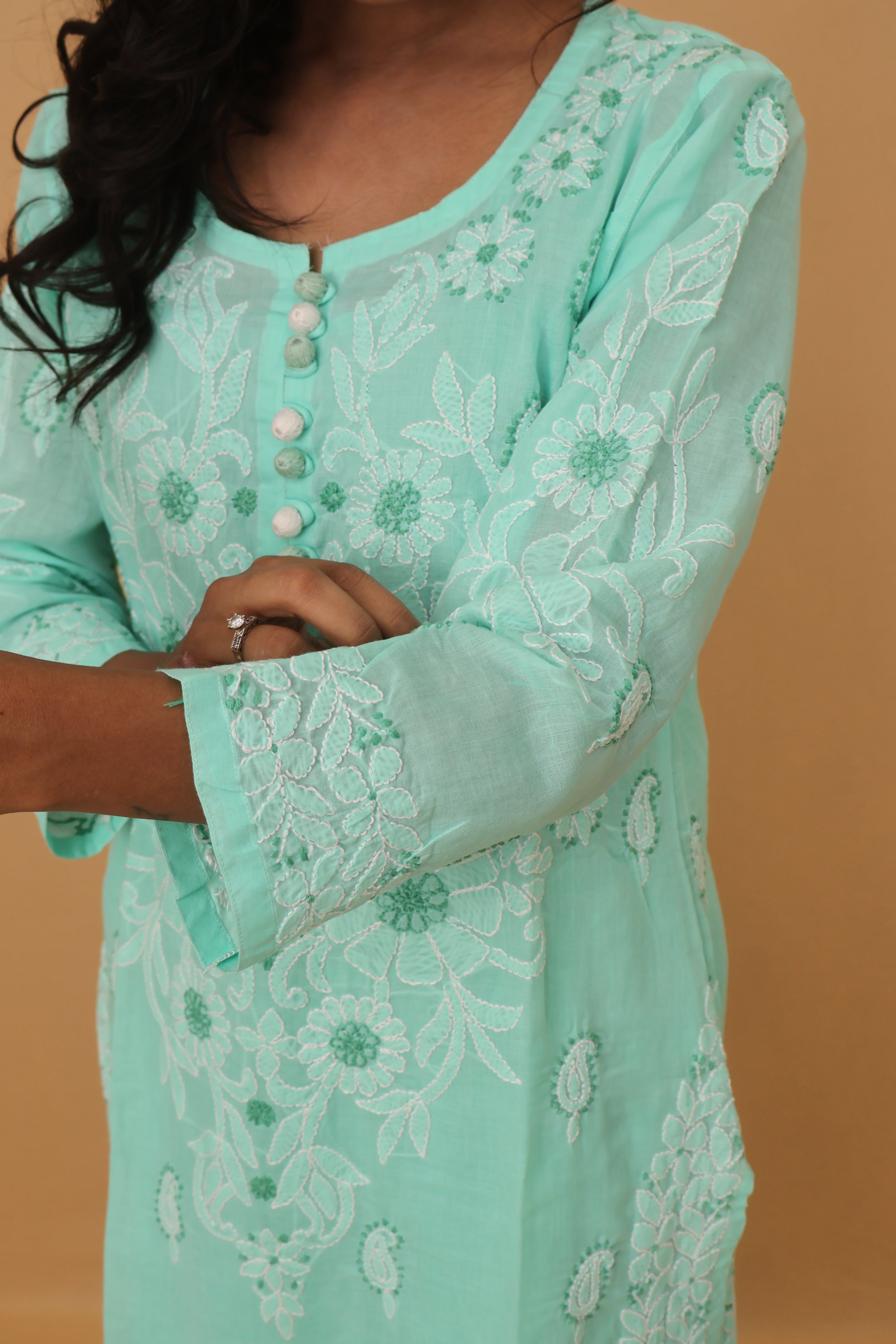 Green Cotton Kurti with Buttons 2 Piece Set