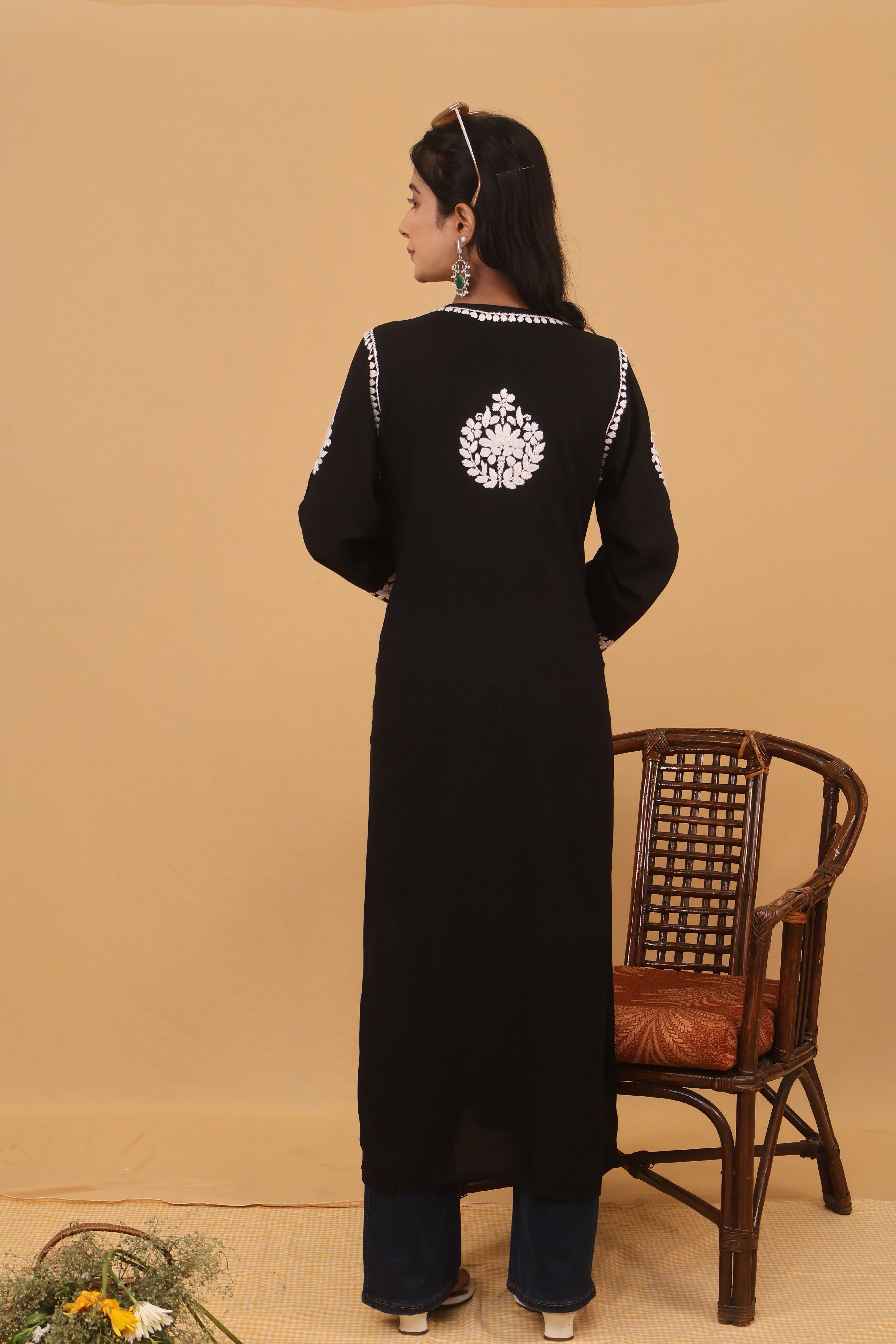 Black Rayon White Long Kurti 2 Piece Set