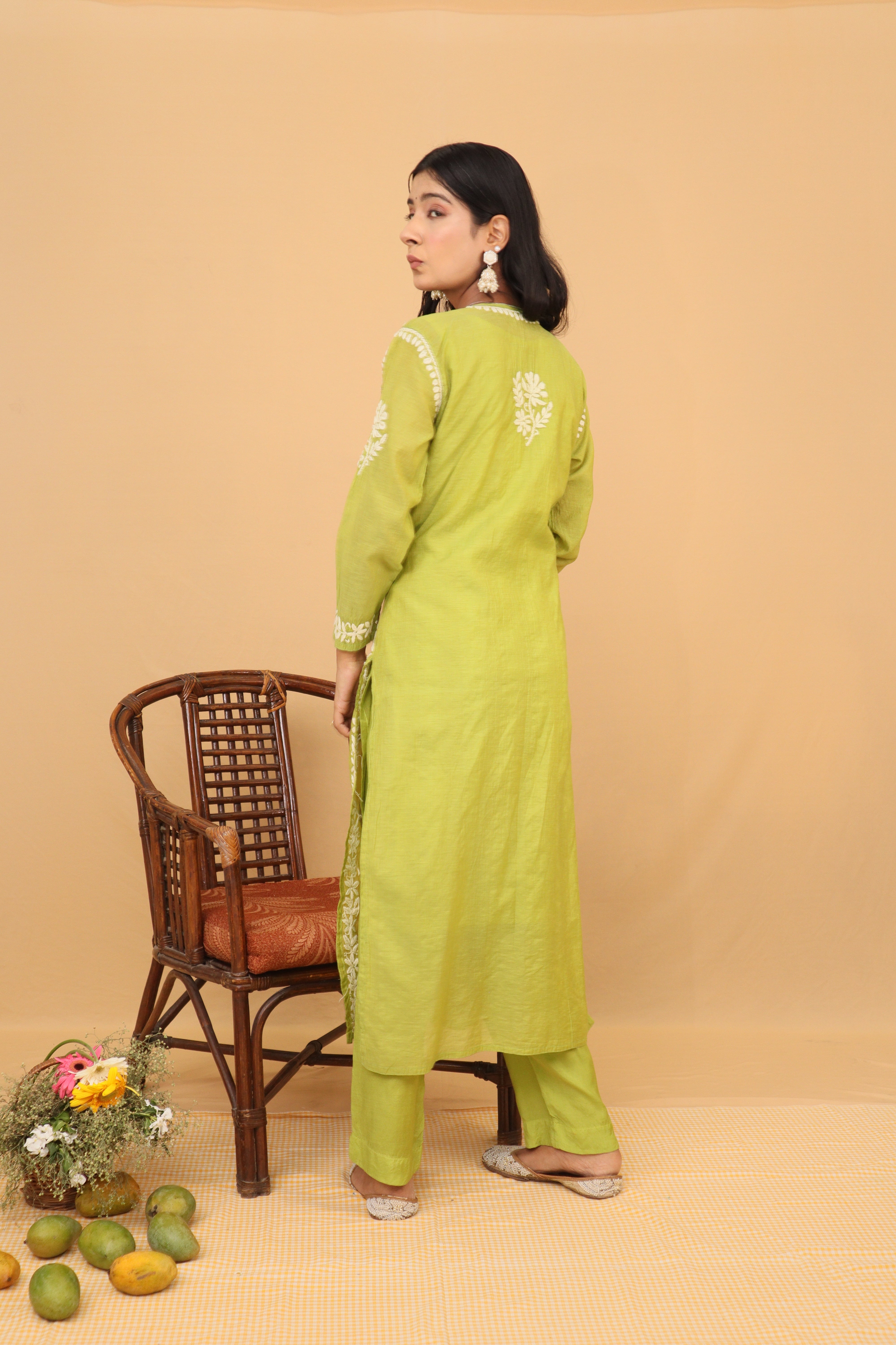 Green Mul Chanderi Long Kurti 3 Piece Set