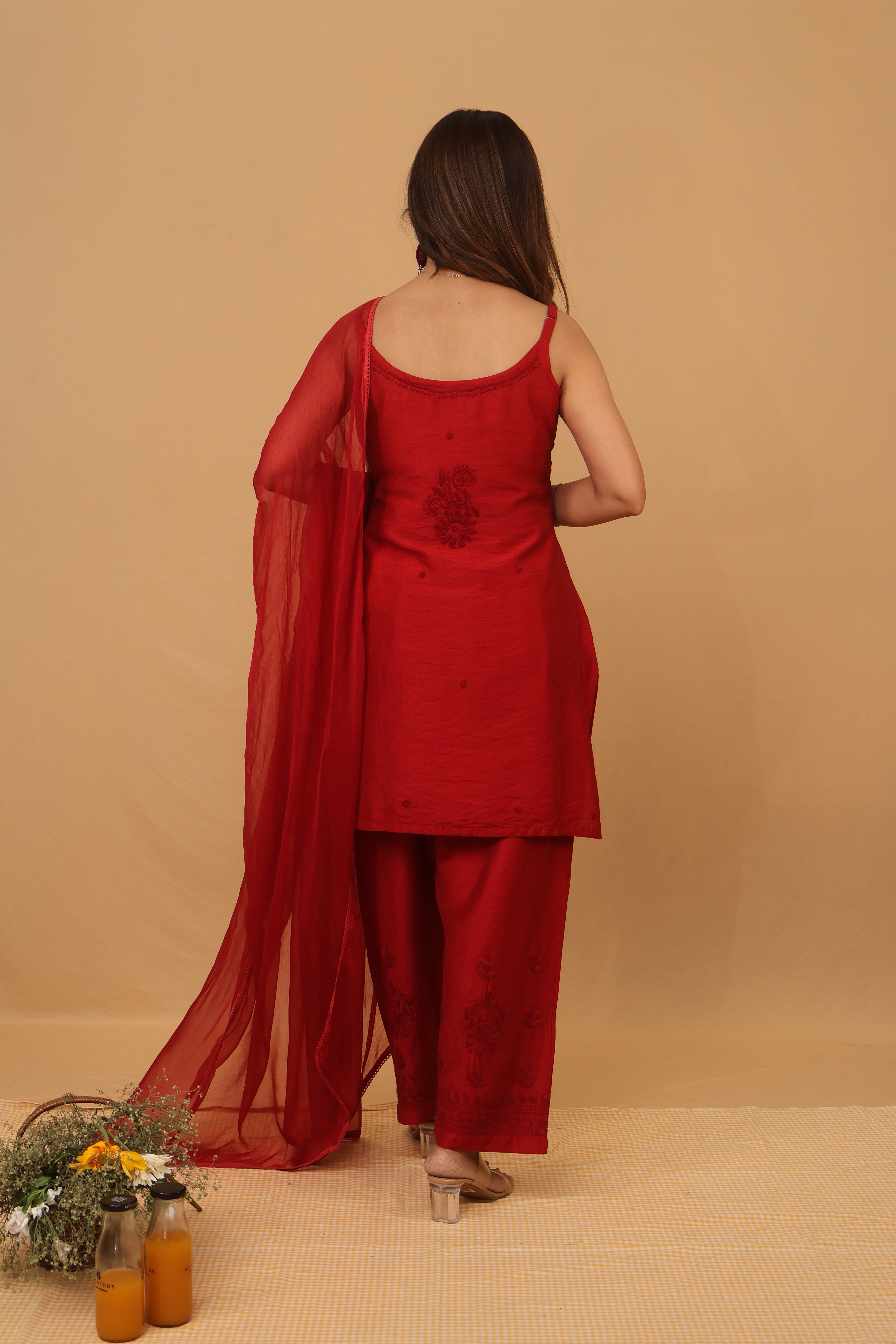 Red Chanderi Spaghetti Ghaaspatti 2 Piece Set