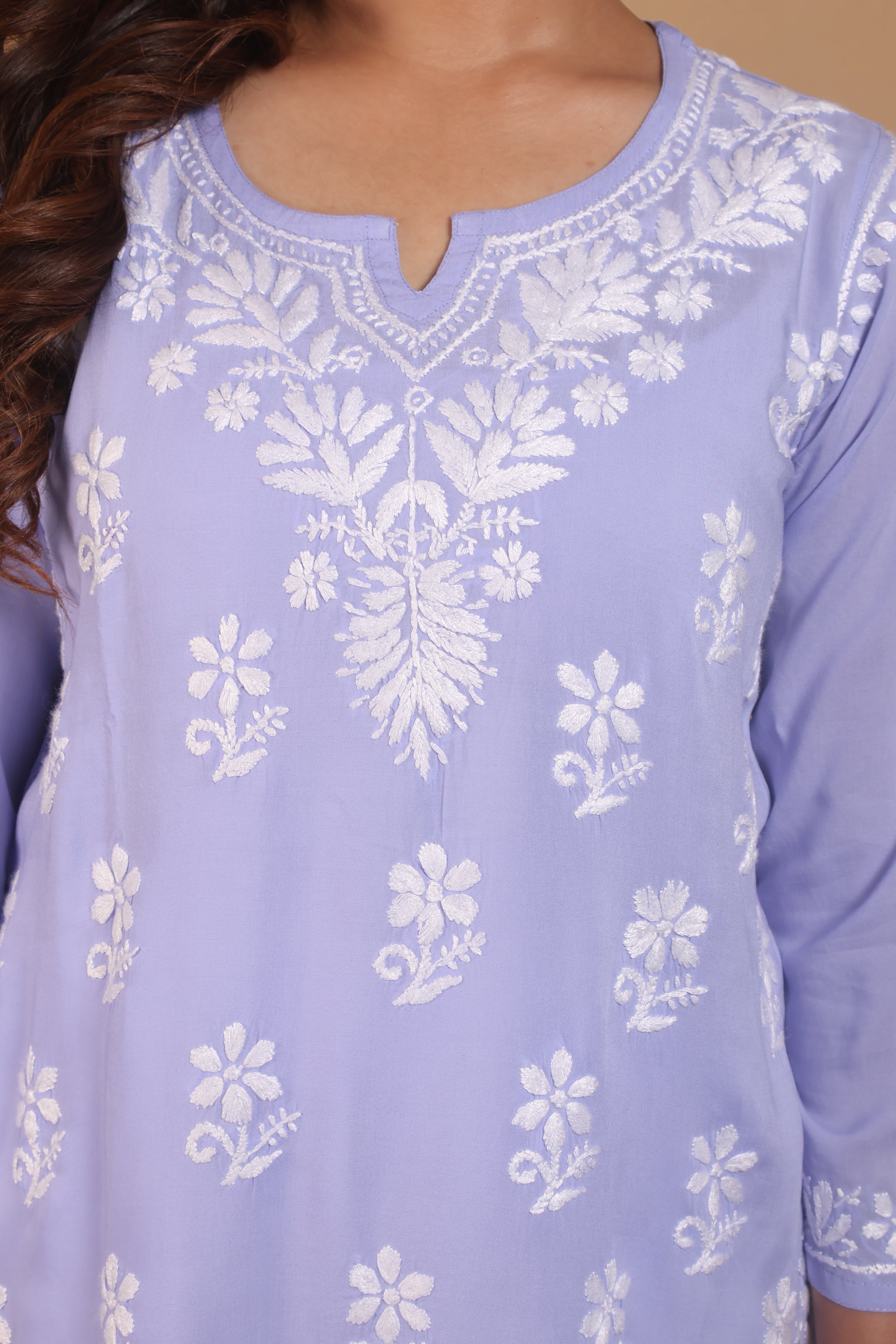Blue Rayon Short Kurta Gala Boota 2 Piece Set