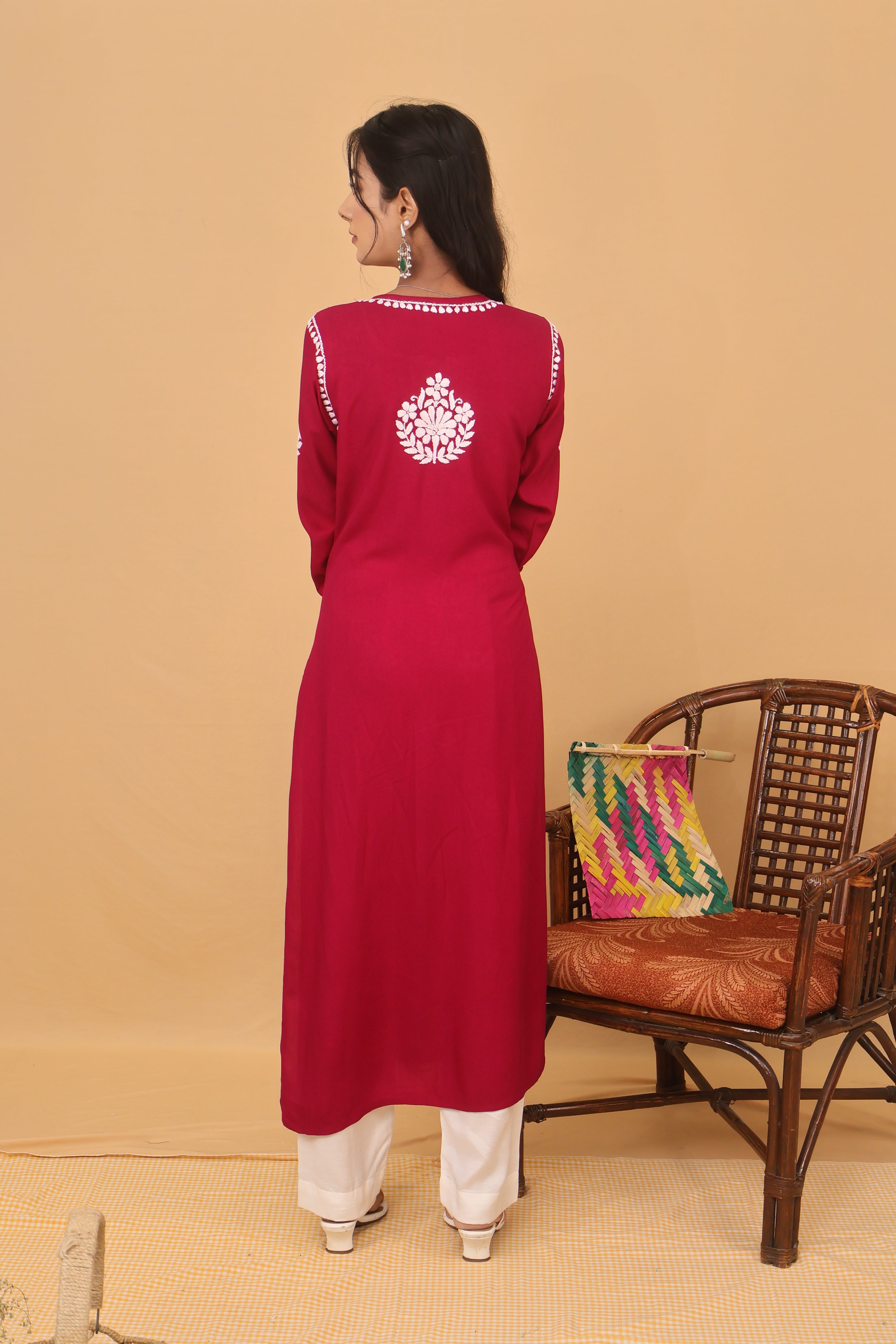 Wine Rayon White Long Kurti 2 Piece Set