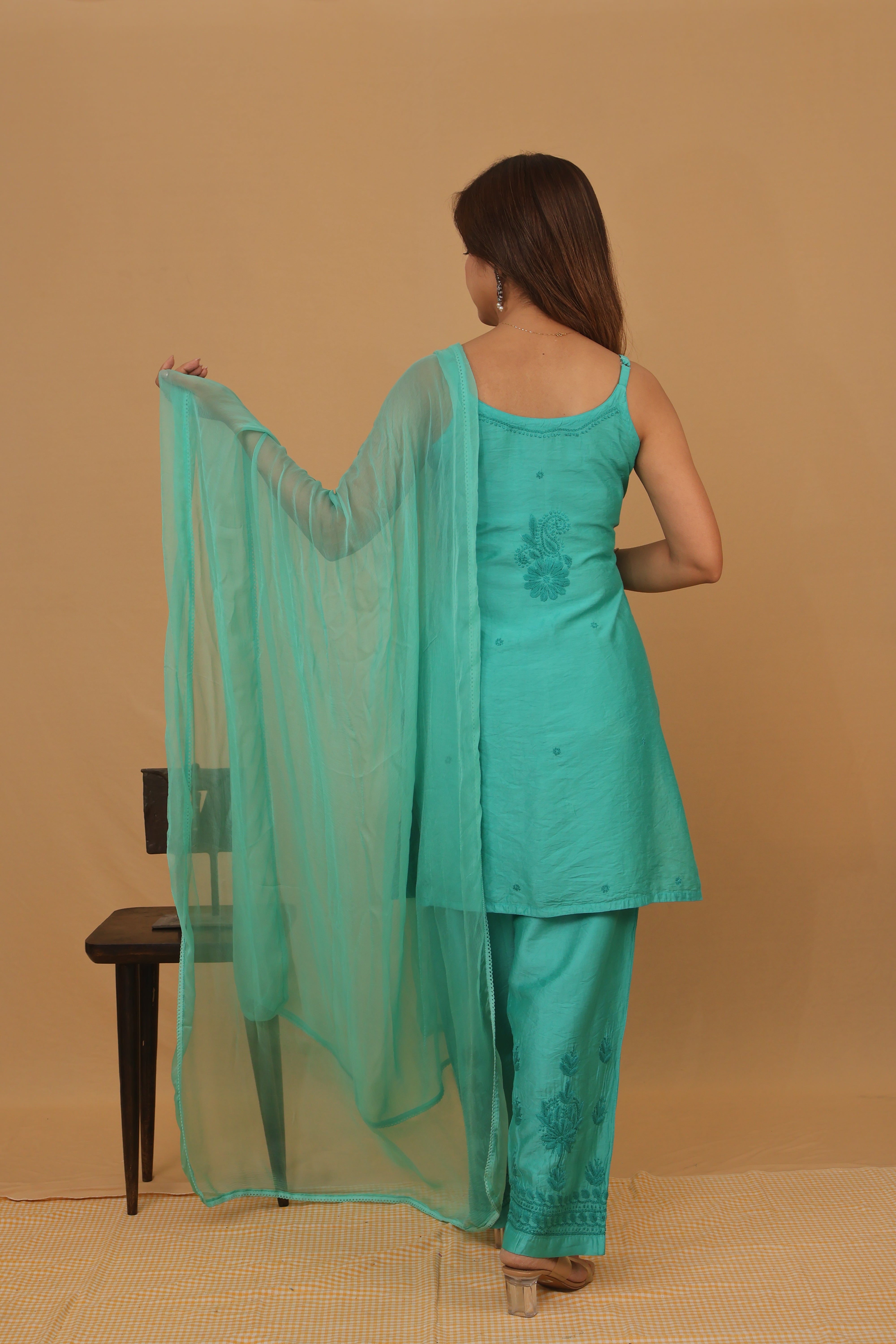 Green Chanderi Spaghetti Ghaaspatti 2 Piece Set