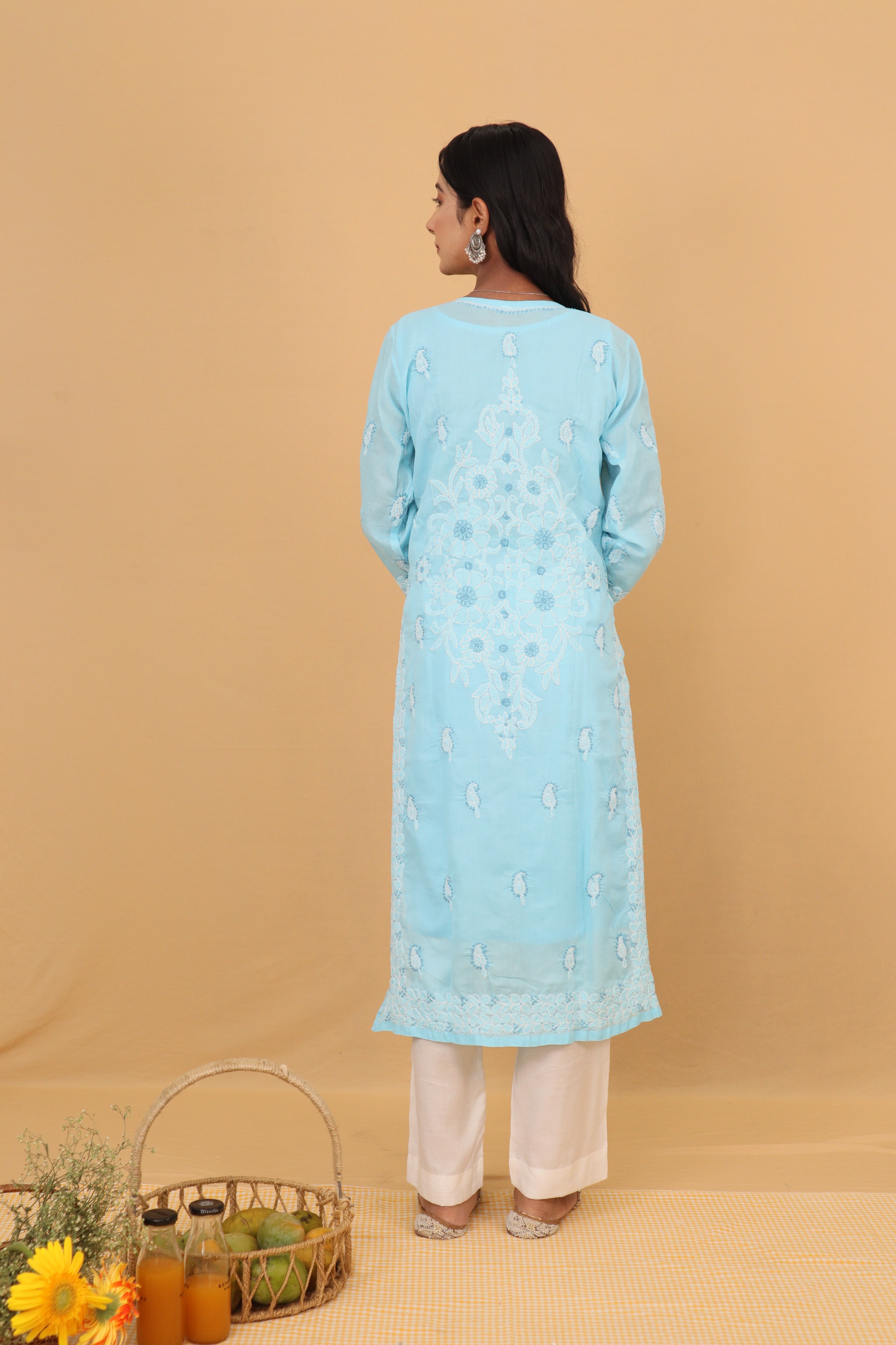 Blue Cotton Kurti with Buttons 2 Piece Set