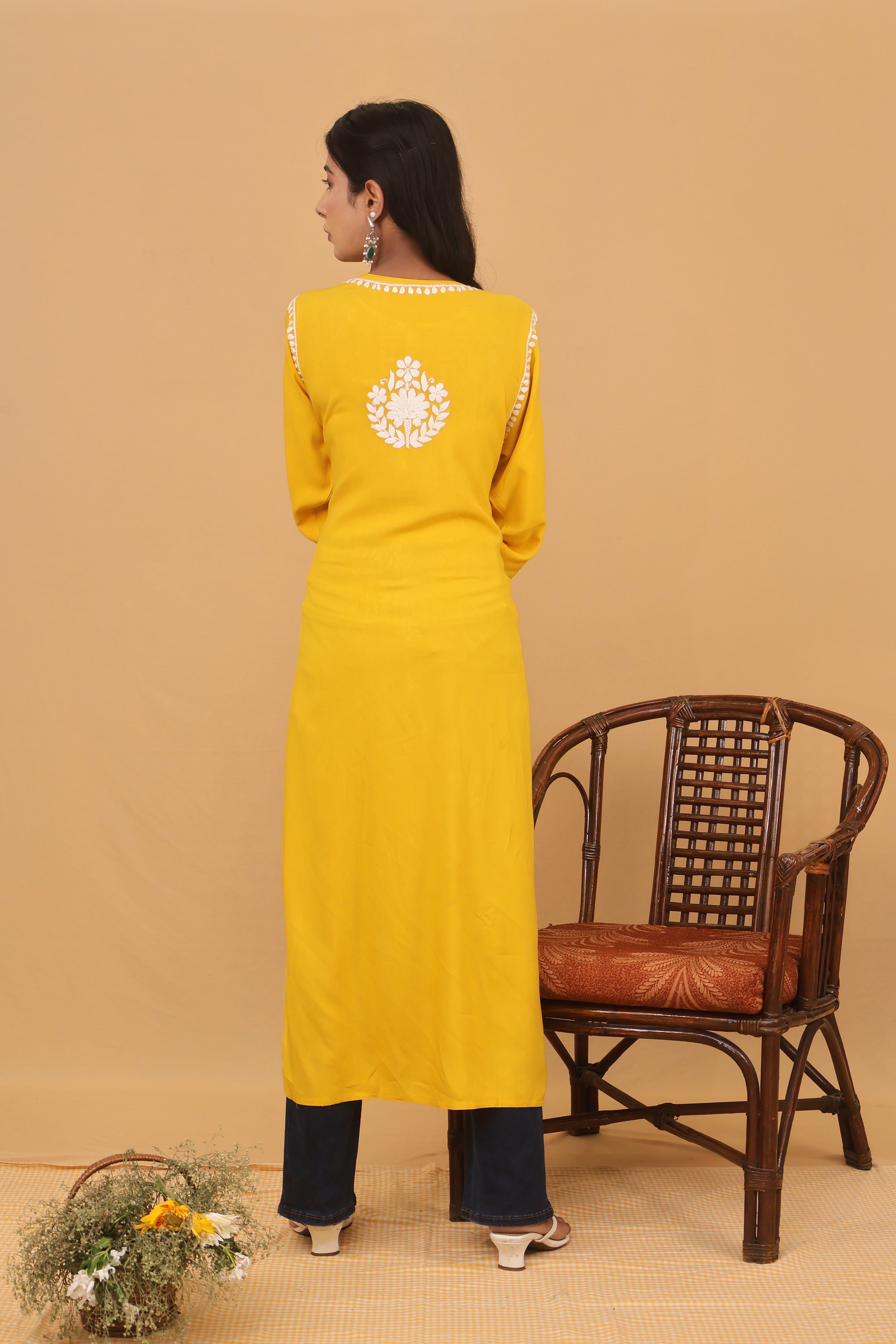 Mustard Rayon White Long Kurti 2 Piece Set
