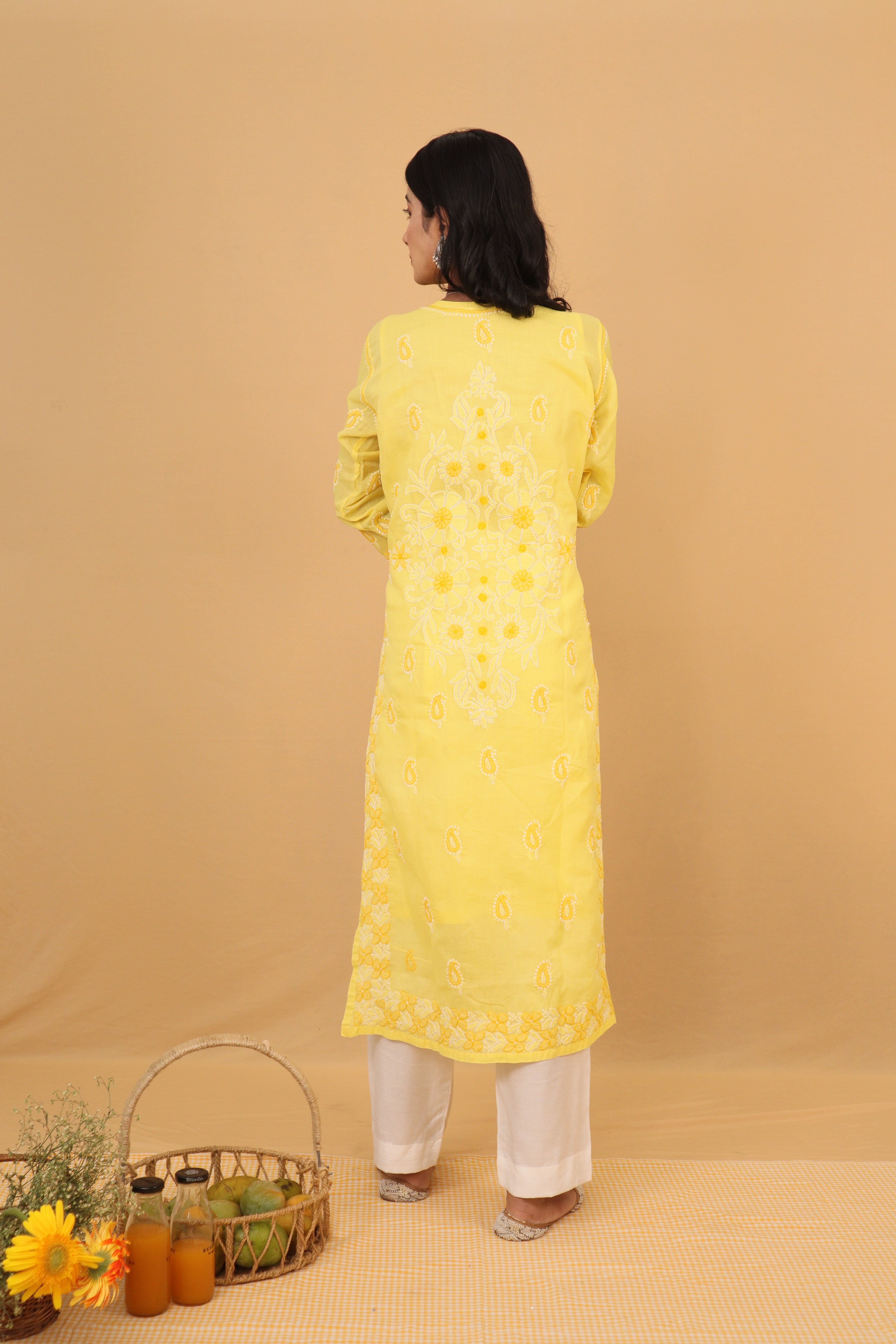 Yellow Cotton Kurti with Buttons 3 Piece Set