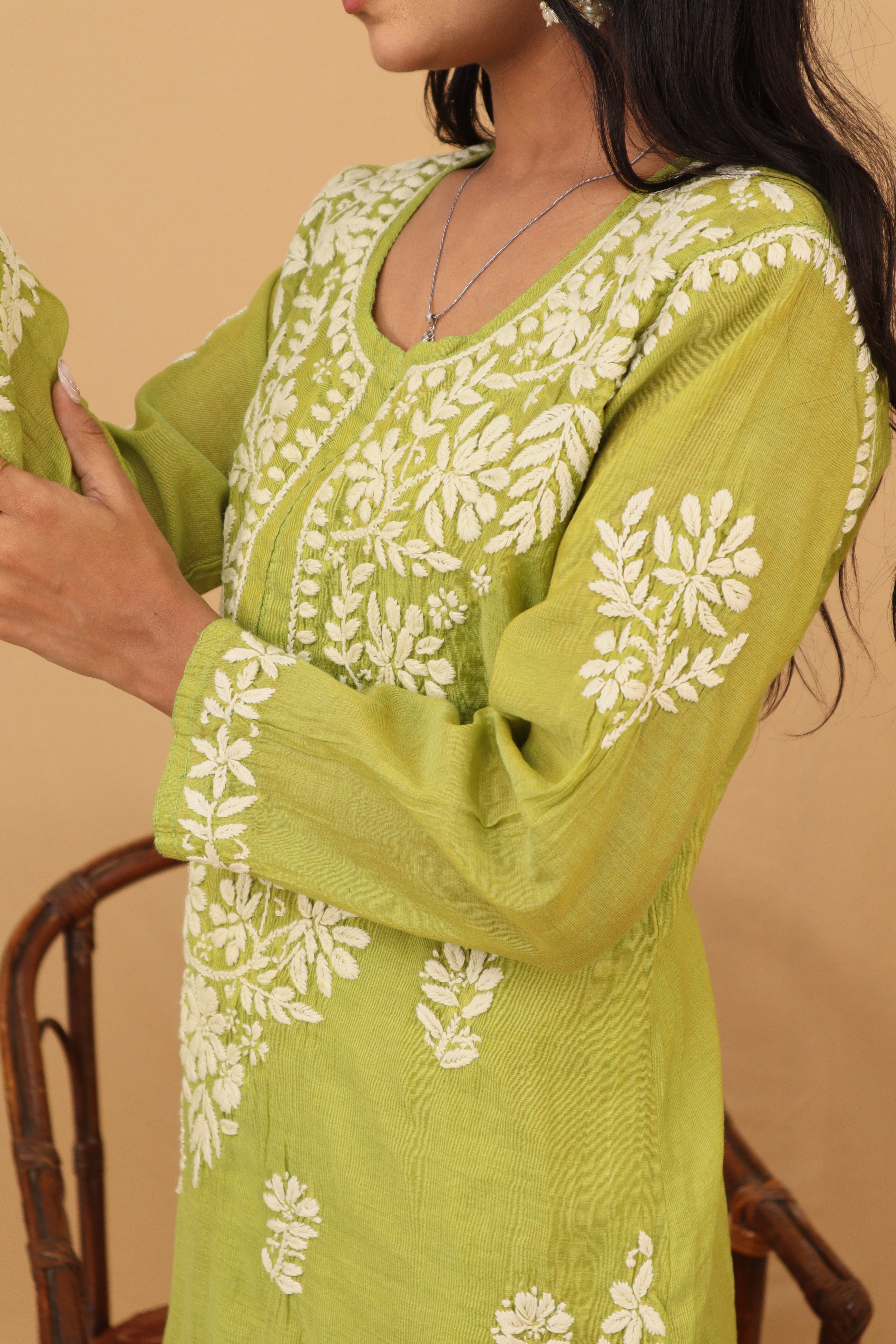 Green Mul Chanderi Long Kurti 2 Piece Set