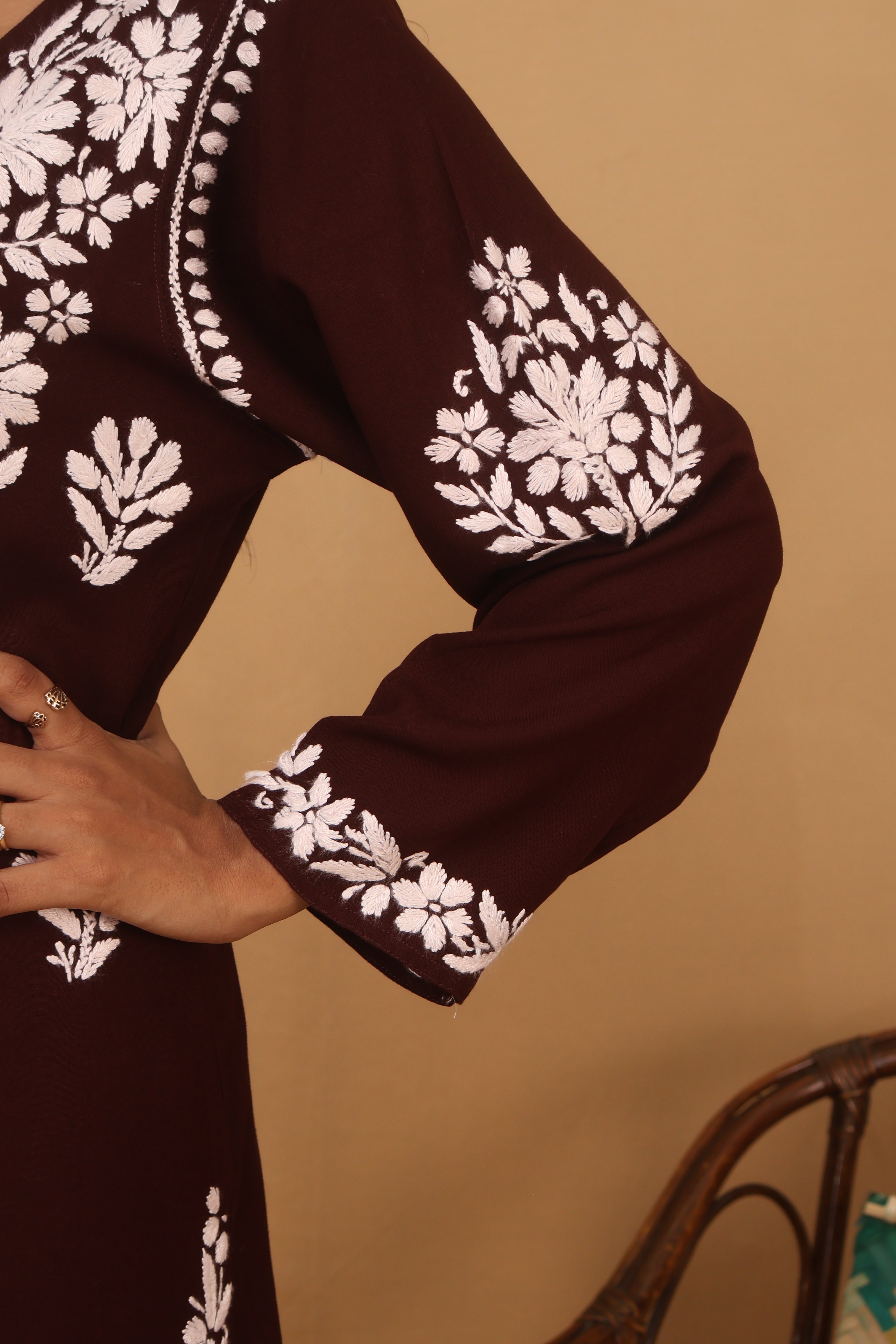 Brown Rayon White Long Kurti 3 Piece Set