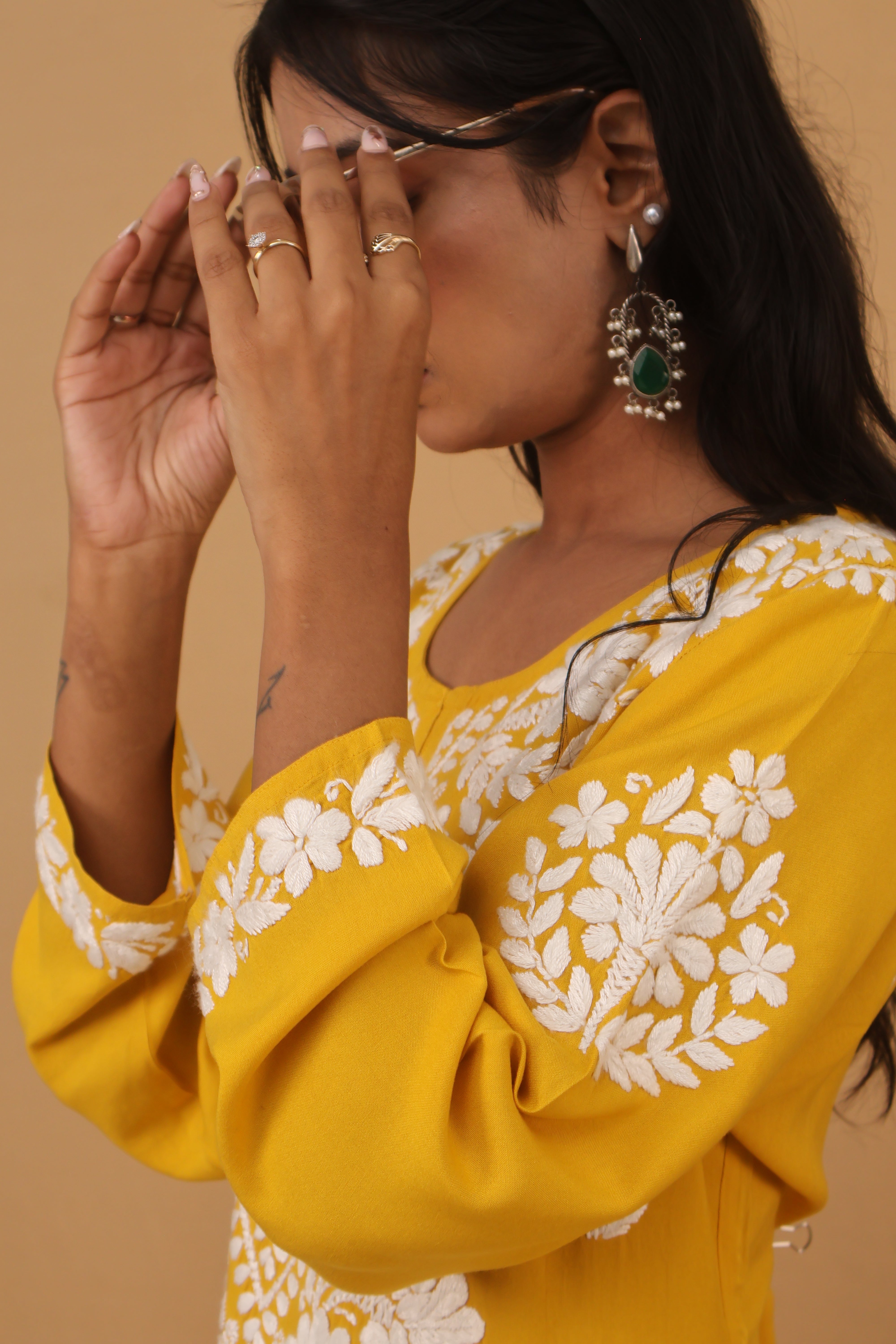 Mustard Rayon White Long Kurti 2 Piece Set