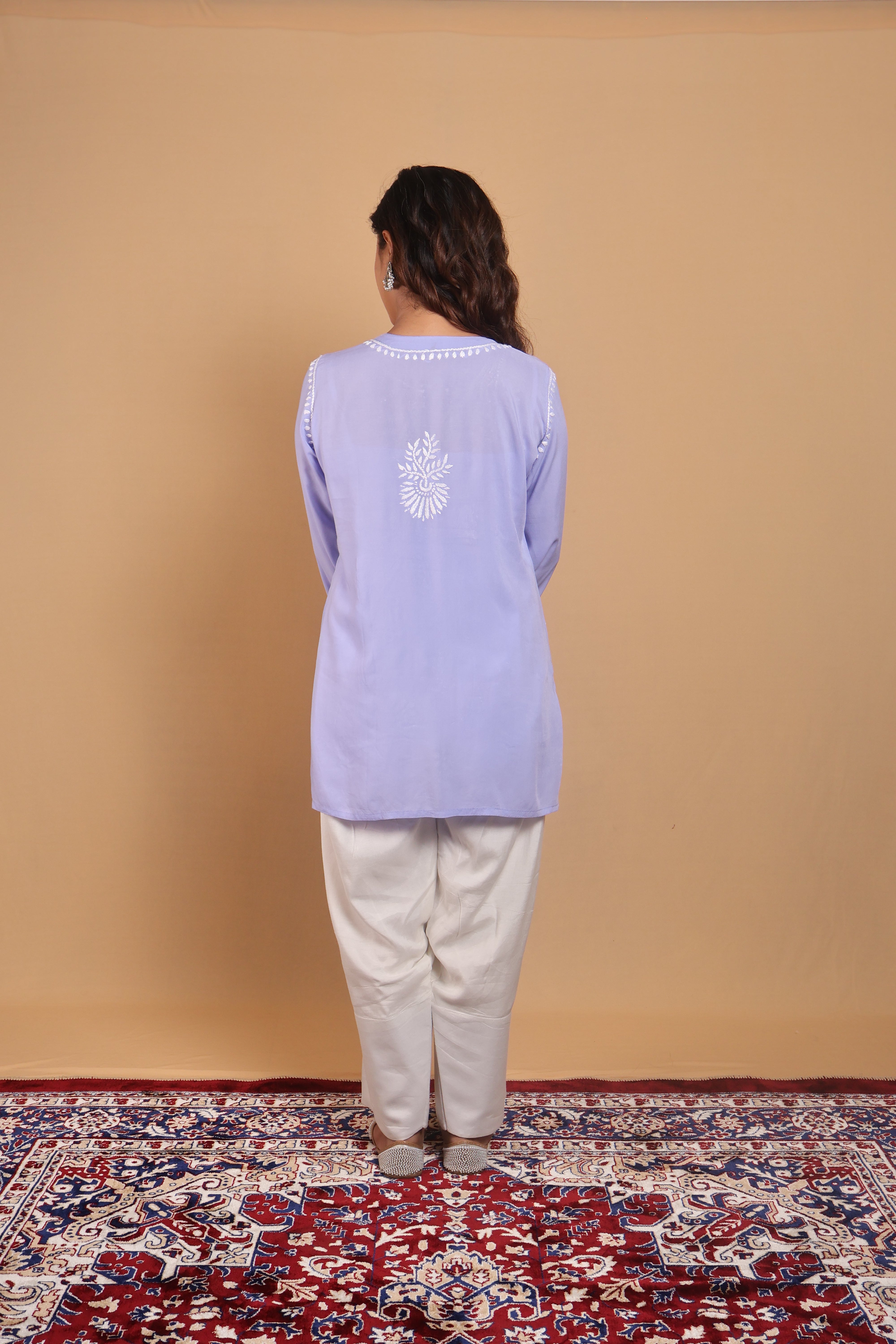 Blue Rayon Short Kurta Gala Boota 2 Piece Set