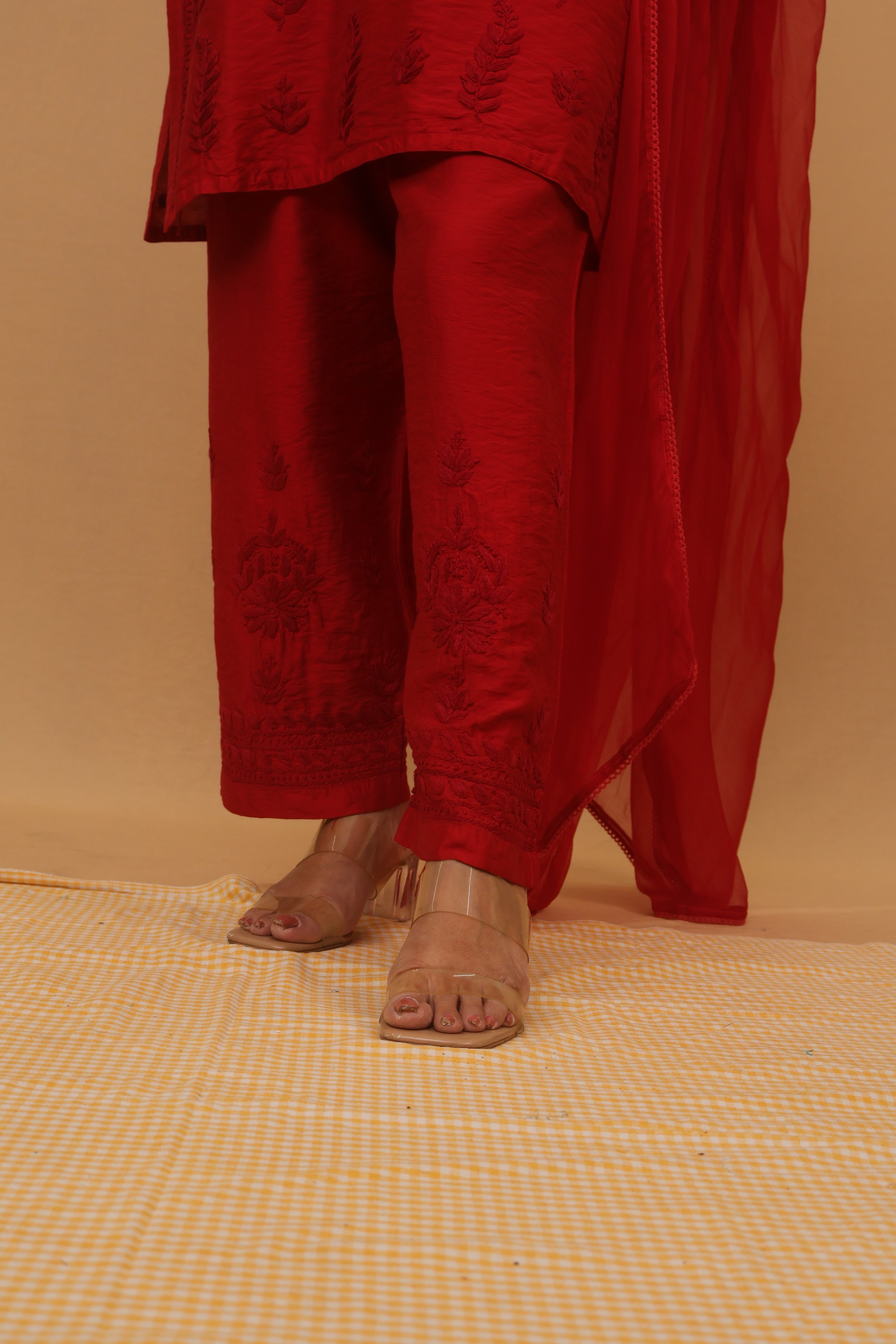 Red Chanderi Spaghetti Ghaaspatti 2 Piece Set