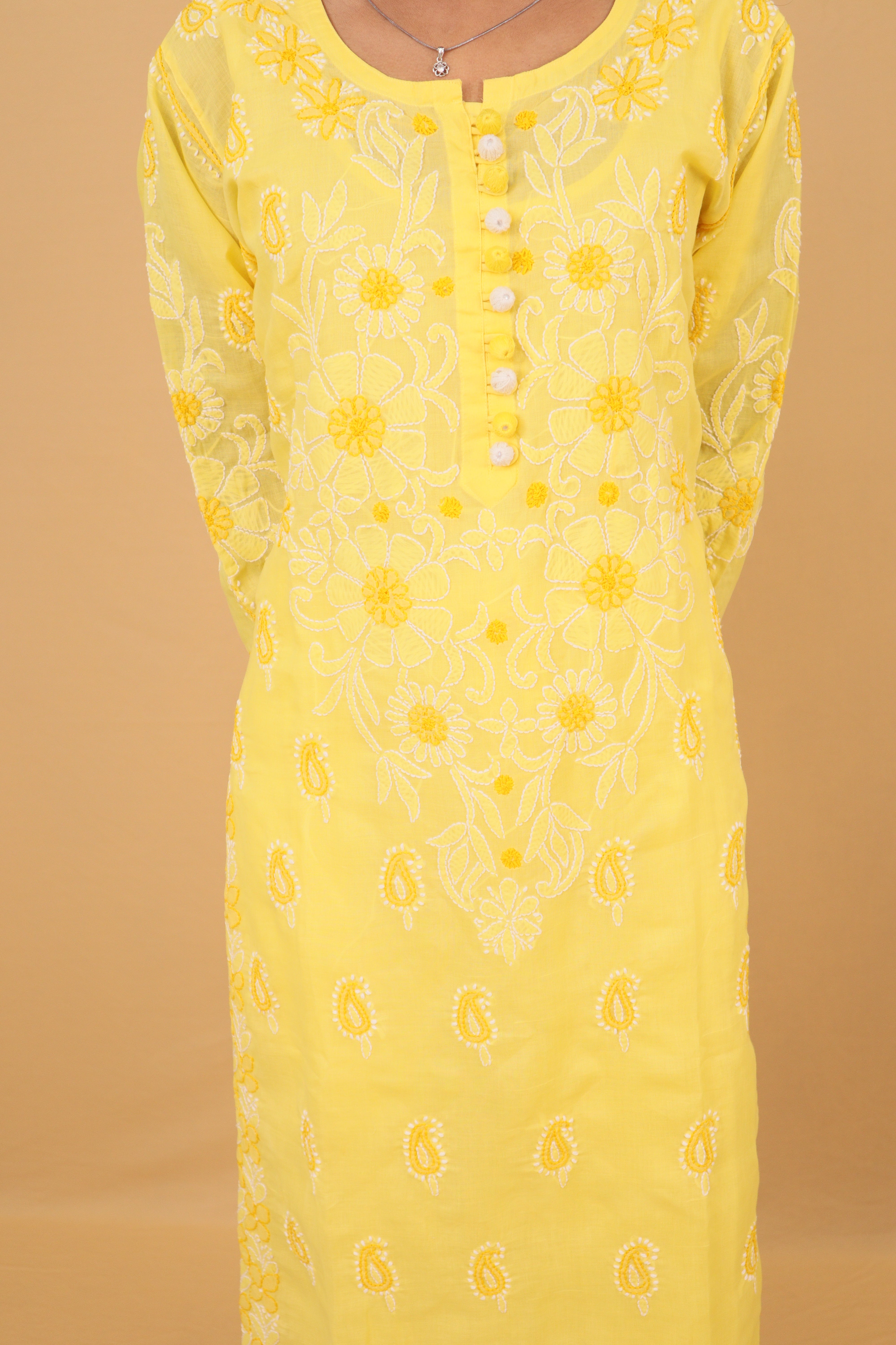 Yellow Cotton Kurti with Buttons