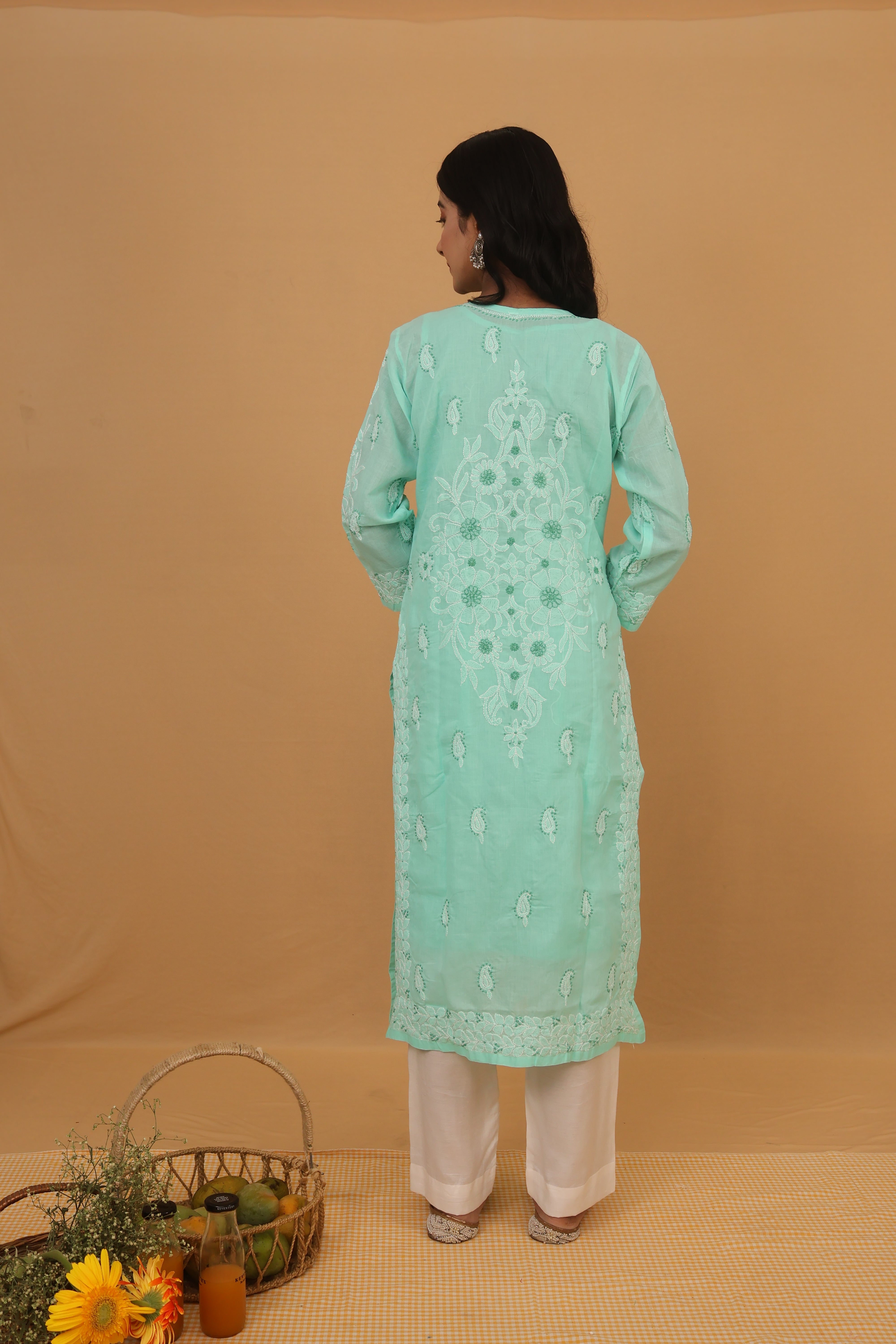 Green Cotton Kurti with Buttons 3 Piece Set