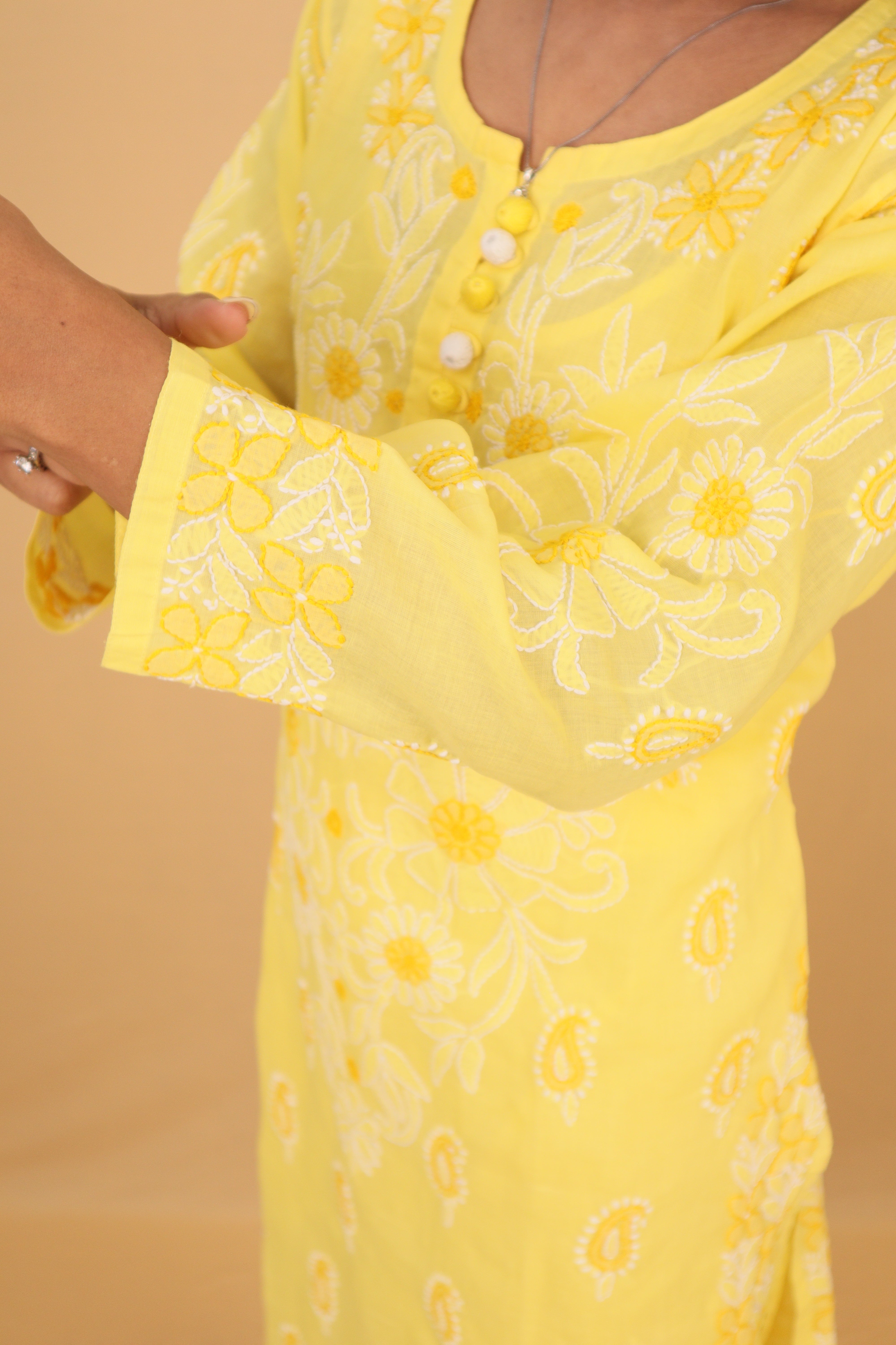 Yellow Cotton Kurti with Buttons 2 Piece Set