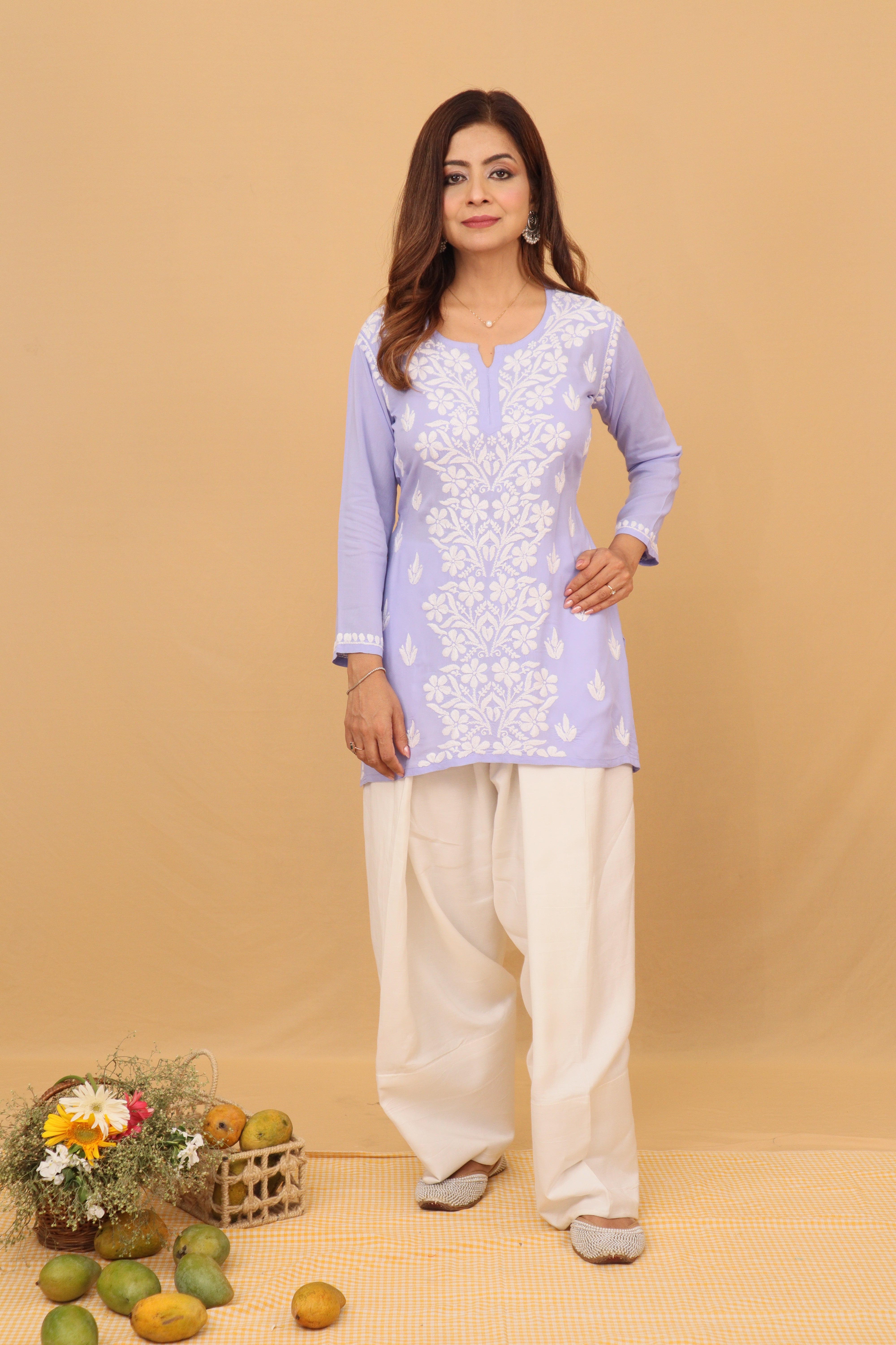 Lavender Rayon Short Kurta Panel 3 Piece Set
